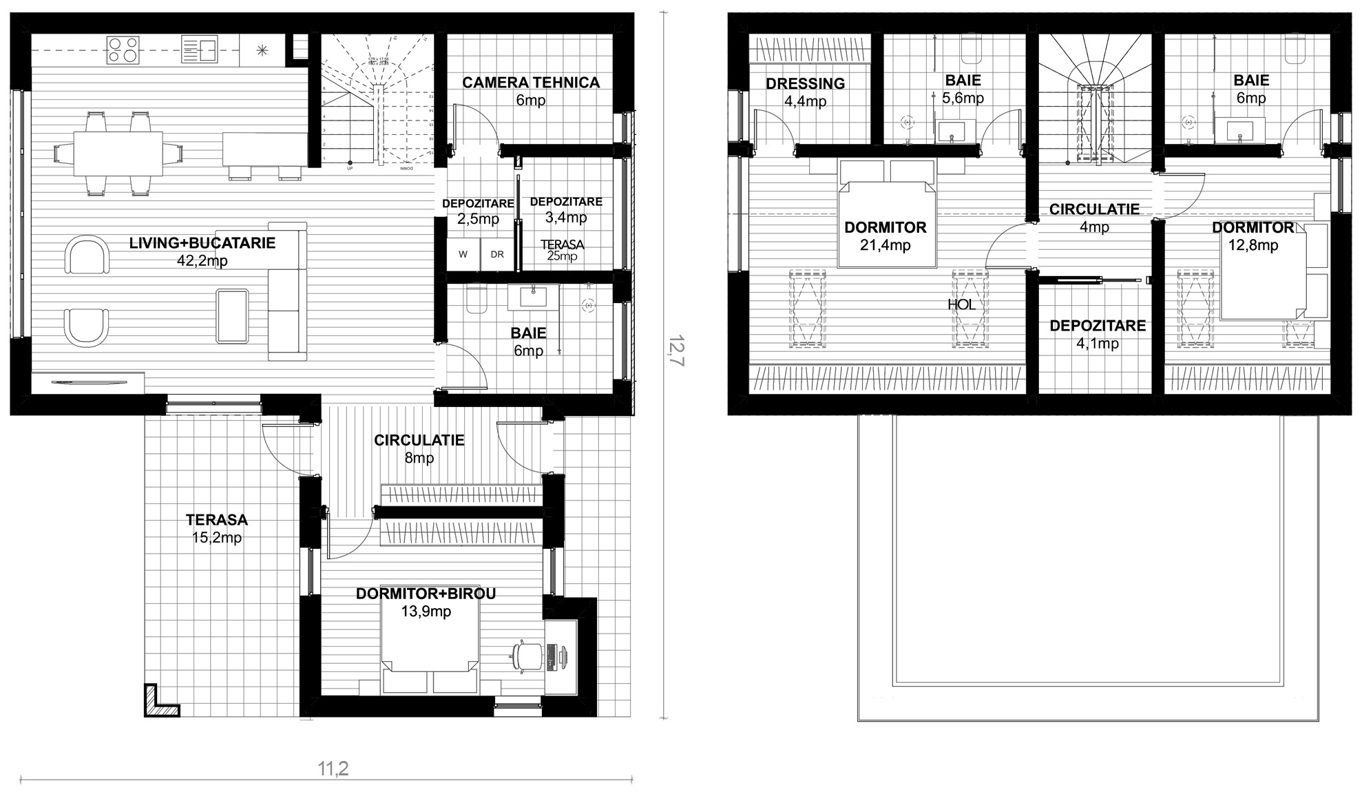 Planurile Casei Anastasia, parter și etaj alăturate: living cu bucătărie, dormitor cu birou, cameră tehnică și terasă la parter; dormitor matrimonial, al doilea dormitor, două băi, dressing și depozitări la etaj