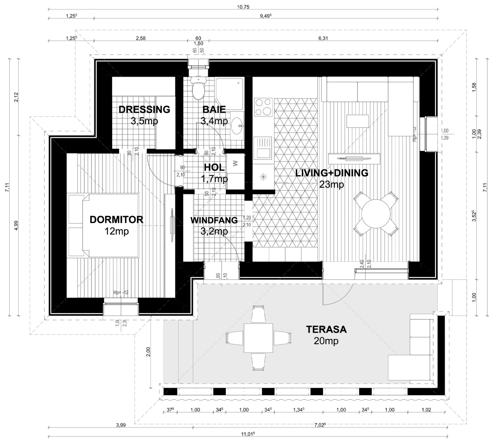 Plan parter pentru Casa Andrada: living cu dining, dormitor cu dressing, baie, hol, windfang și terasă cu arcade