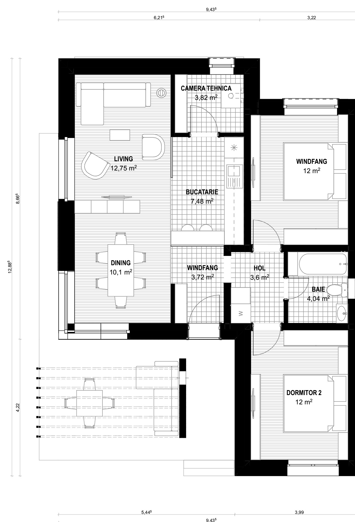 Plan parter pentru Casa Dalia: living, dining, bucătărie, două camere, baie, hol, cameră tehnică, windfang și terasă acoperită