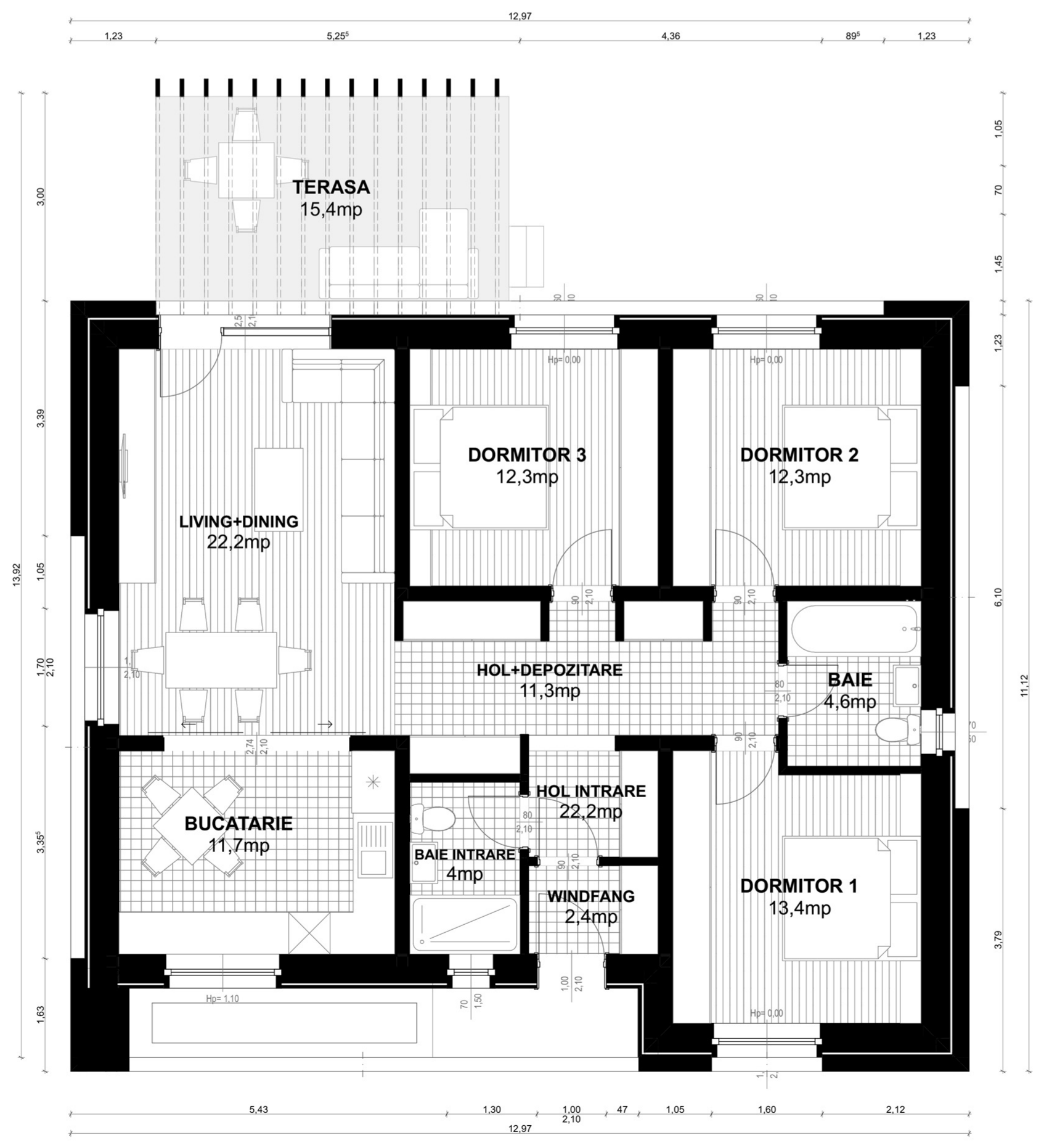 Plan parter pentru Casa Daniela: living cu dining, bucătărie, trei dormitoare, două băi, hol cu depozitare, hol de intrare, windfang și terasă