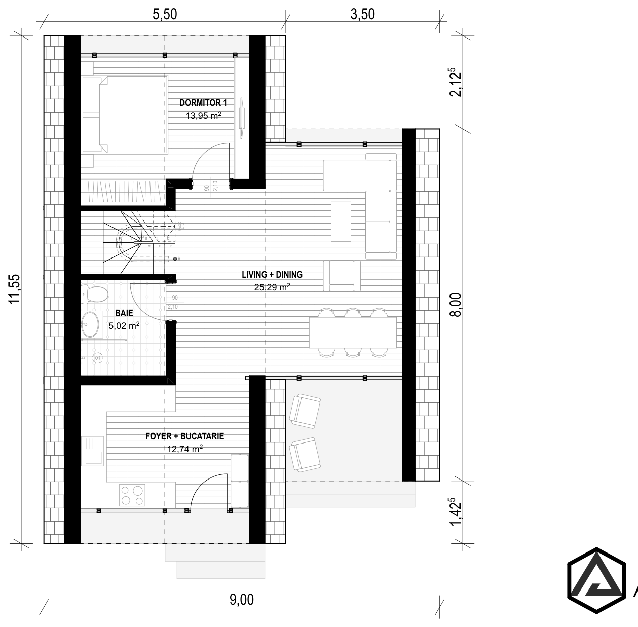 Plan pentru Casa Daria: foyer + bucătărie, living + dining, baie, dormitor 1
