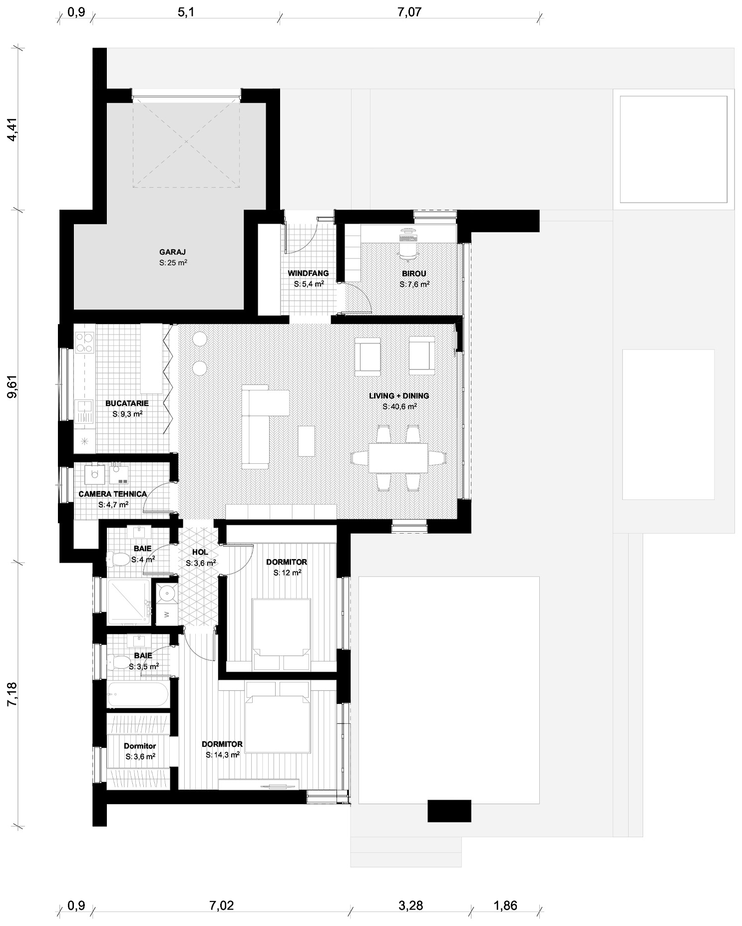 Plan parter pentru Casa Delia: living cu dining, bucătărie, birou, două dormitoare, două băi, dressing, cameră tehnică, windfang și garaj