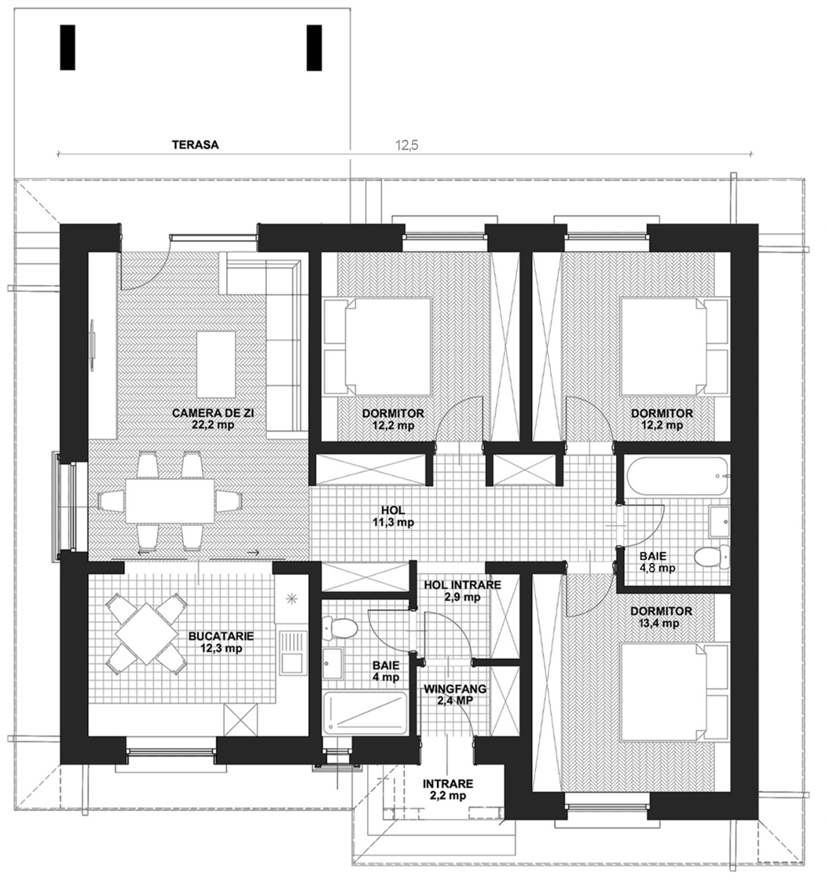 Plan parter pentru Casa Denisa: cameră de zi, bucătărie, trei dormitoare, două băi, holuri, windfang și terasă