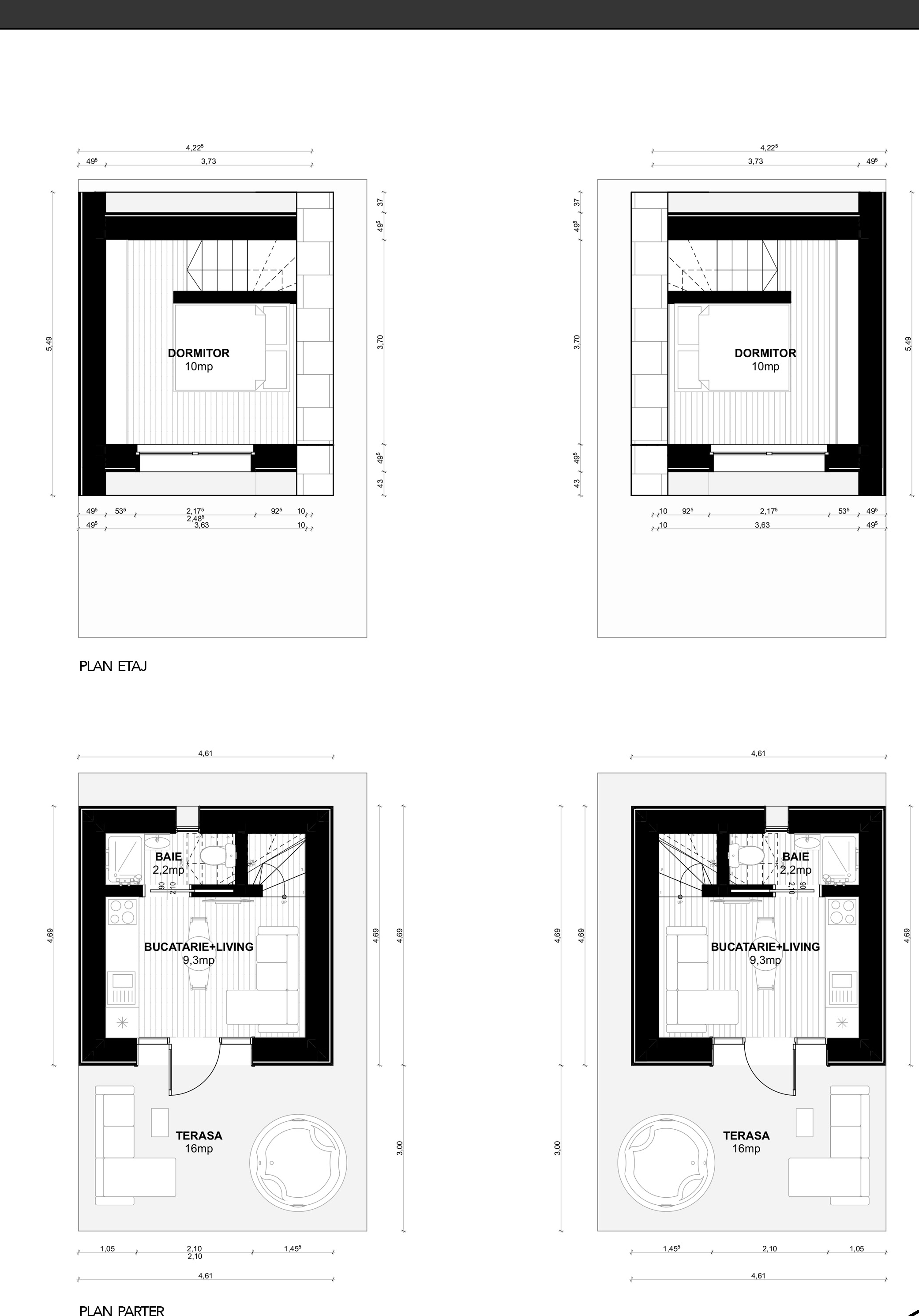 Planurile Casei Elena, în cele două variante oglindite ale unităților cuplate: bucătărie cu living, baie și terasă la parter; dormitor la etaj