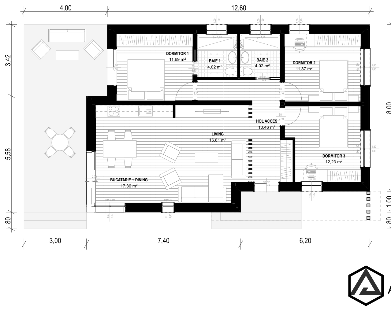 Plan pentru Casa Ella: hol acces, living, bucătărie + dining, baie 1