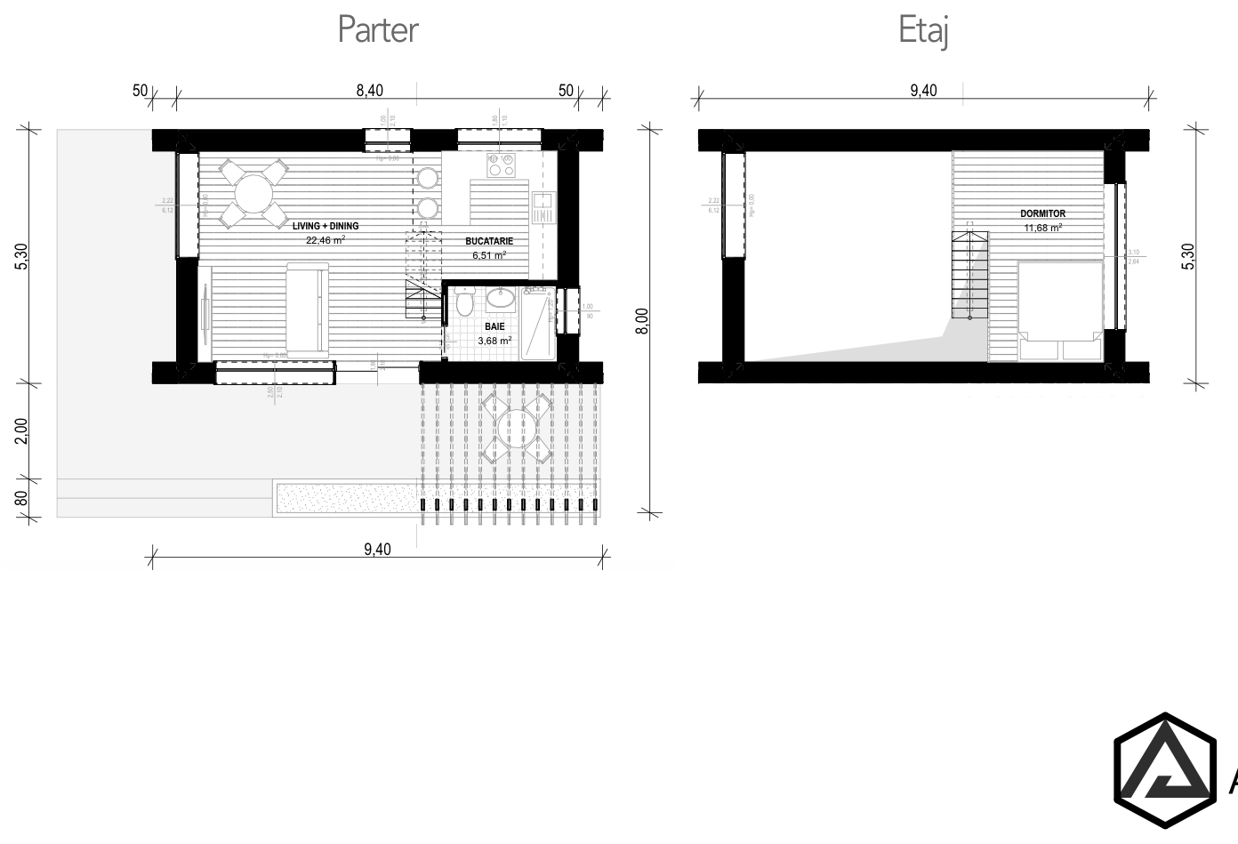 Plan pentru Casa Evelina: bucătărie, living + dining, baie, dormitor