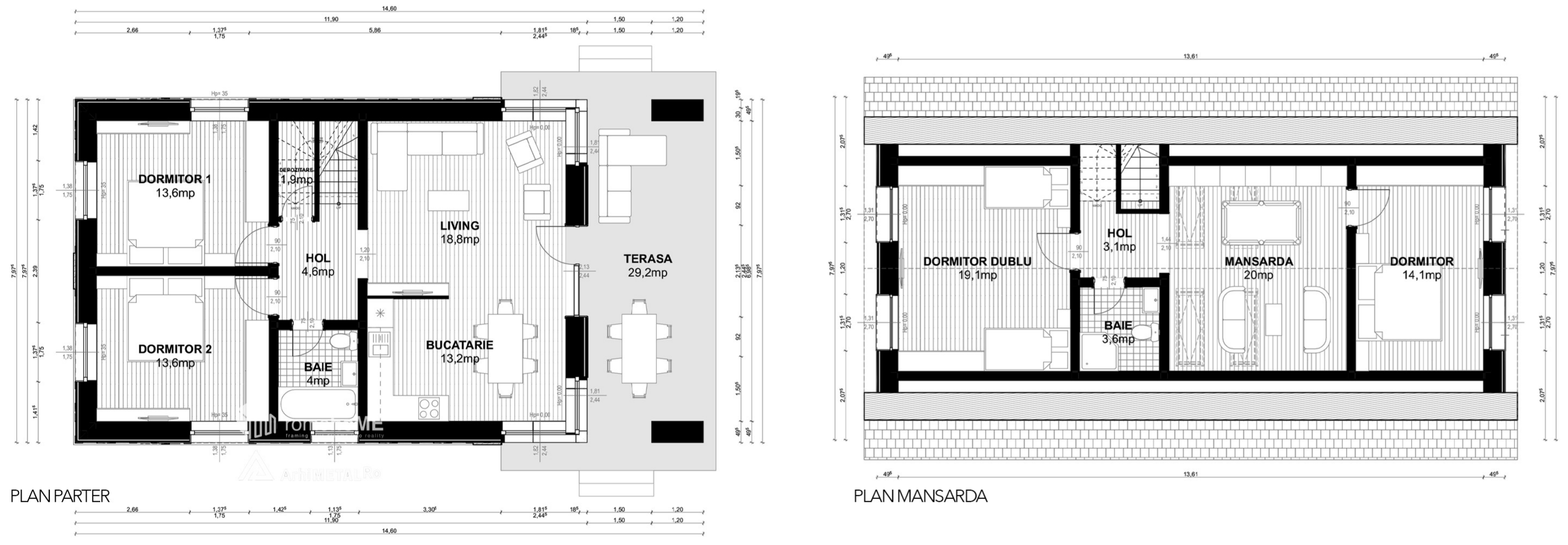 Plan pentru Casa Florina: parter cu living, bucătărie, două dormitoare, baie, hol și terasă; mansardă cu dormitor dublu, dormitor, cameră de zi, baie și hol