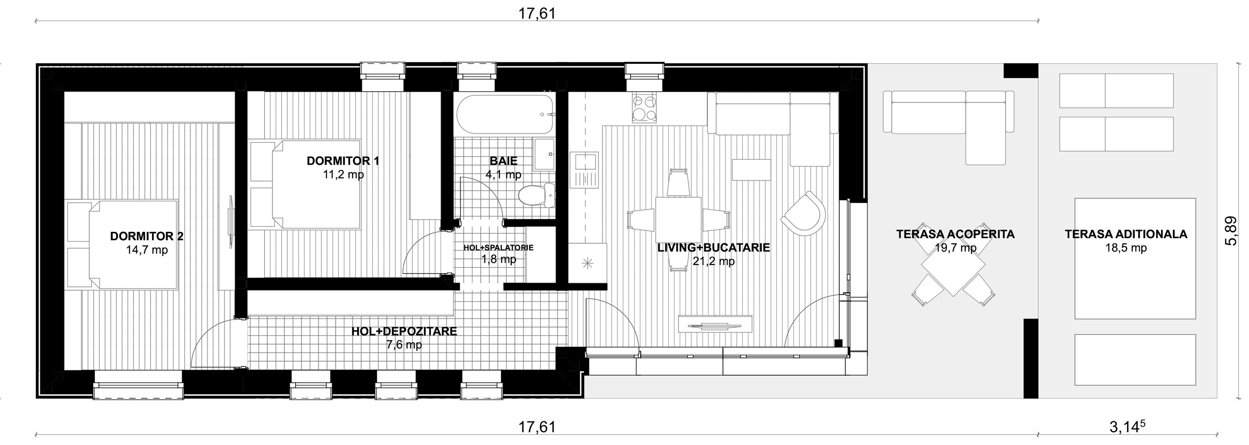 Plan parter pentru Casa Gabriela: living cu bucătărie, două dormitoare, baie, holuri cu depozitare și spălătorie, terasă acoperită și terasă adițională