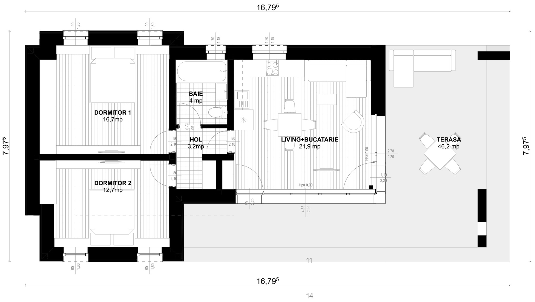 Plan parter pentru Casa Georgiana: living cu bucătărie, două dormitoare, baie, hol și terasă acoperită