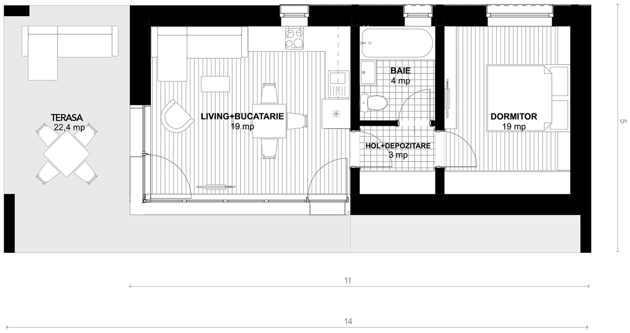 Plan parter pentru Casa Gina: living cu bucătărie, dormitor, baie, hol cu depozitare și terasă acoperită