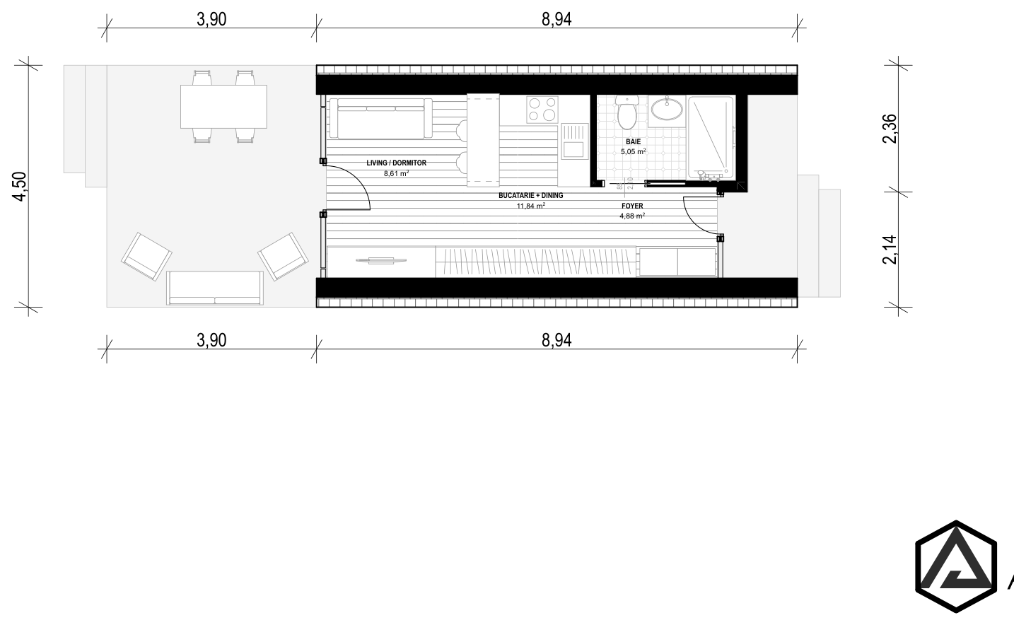 Plan pentru Casa Ingrid: foyer, baie, bucătărie + dining, living / dormitor