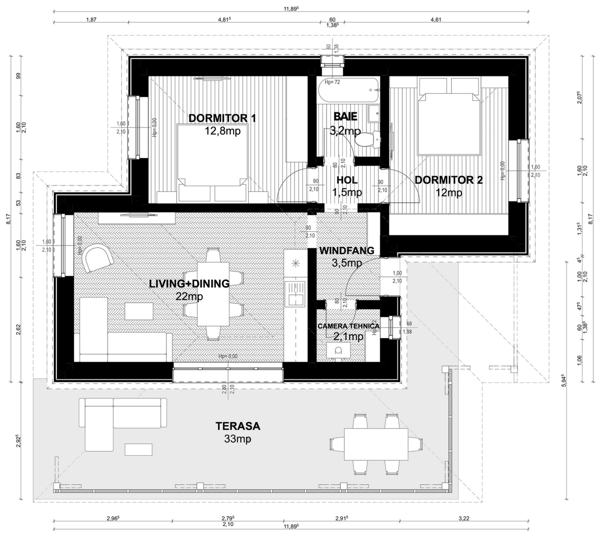 Plan parter pentru Casa Ioana: living cu dining, două dormitoare, baie, hol, windfang, cameră tehnică și terasă acoperită