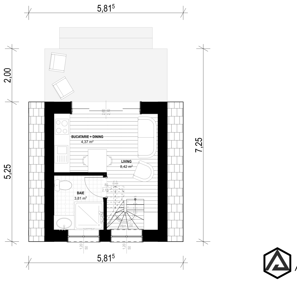 Plan pentru Casa Iris: bucătărie + dining, living, baie, dormitor