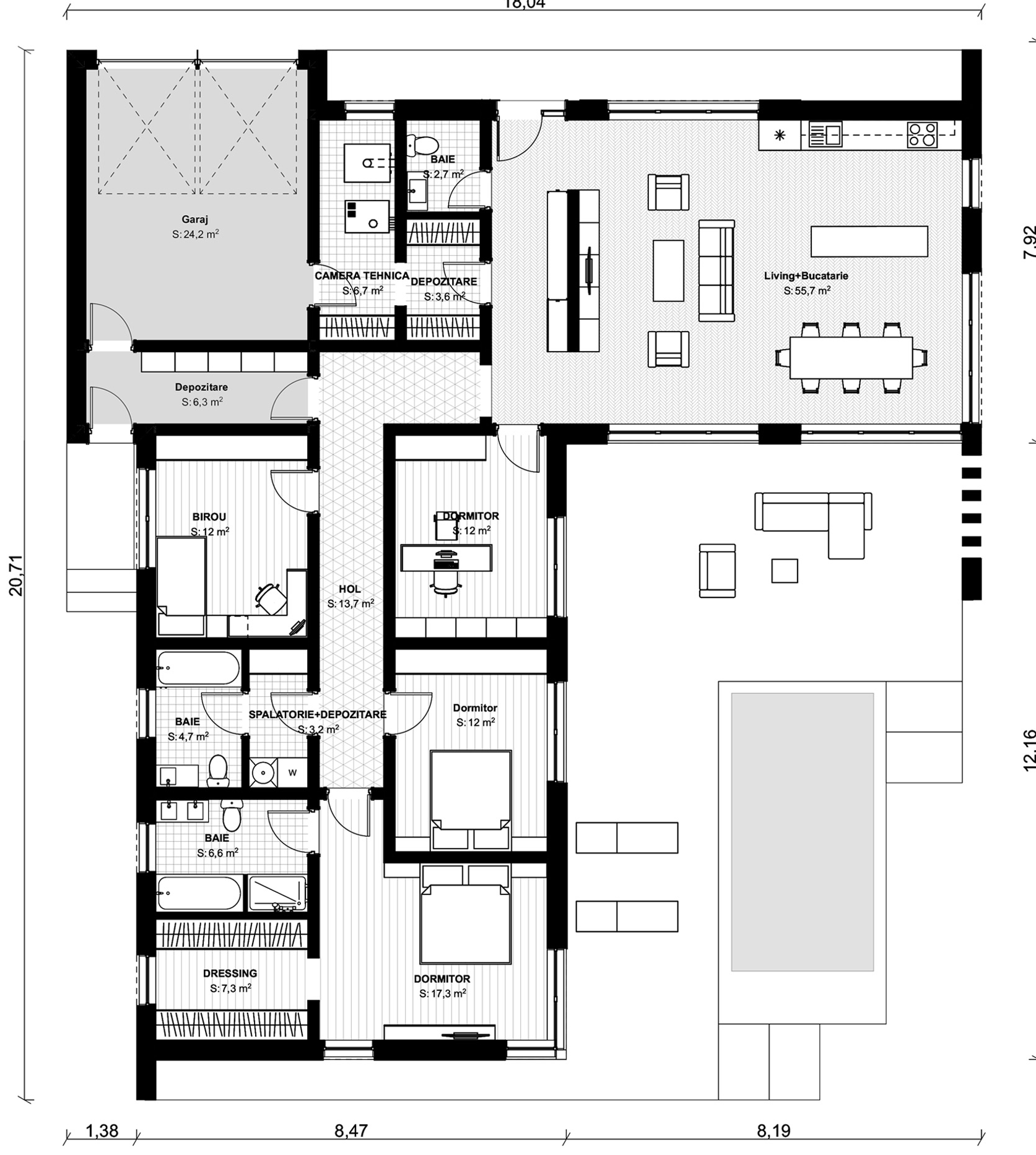 Plan parter pentru Casa Lavinia: living cu bucătărie, trei dormitoare, birou, trei băi, dressing, spălătorie, depozitări, cameră tehnică și garaj