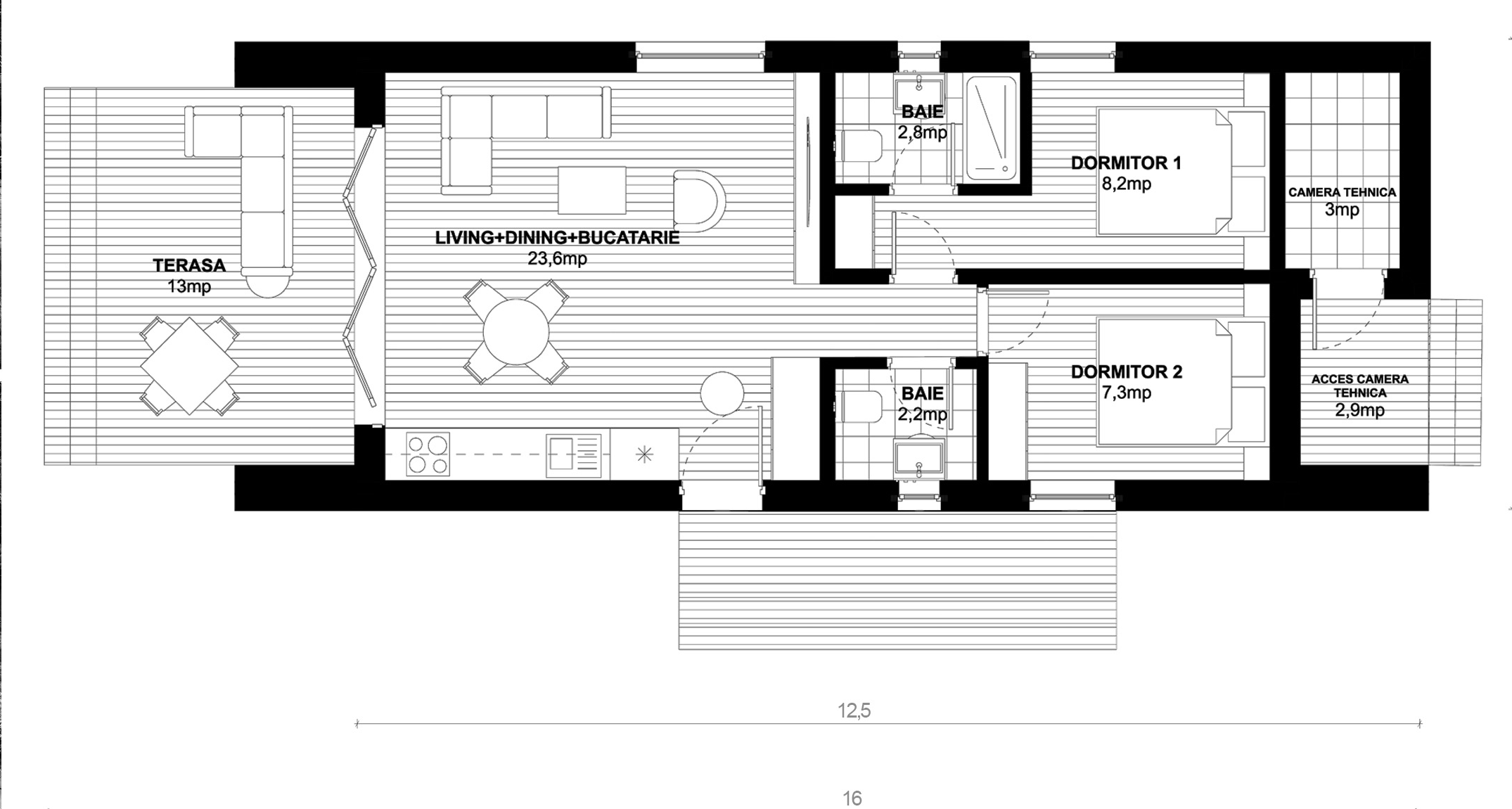 Plan parter pentru Casa Lidia: living cu dining și bucătărie, două dormitoare, două băi, hol, cameră tehnică și terasă