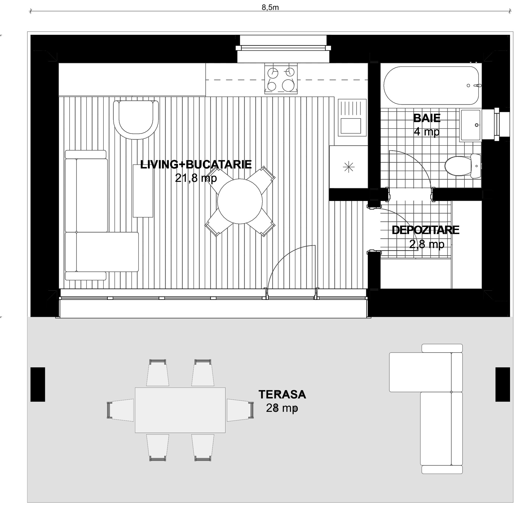 Plan parter pentru Casa Livia: living cu bucătărie deschisă, baie, depozitare și terasă