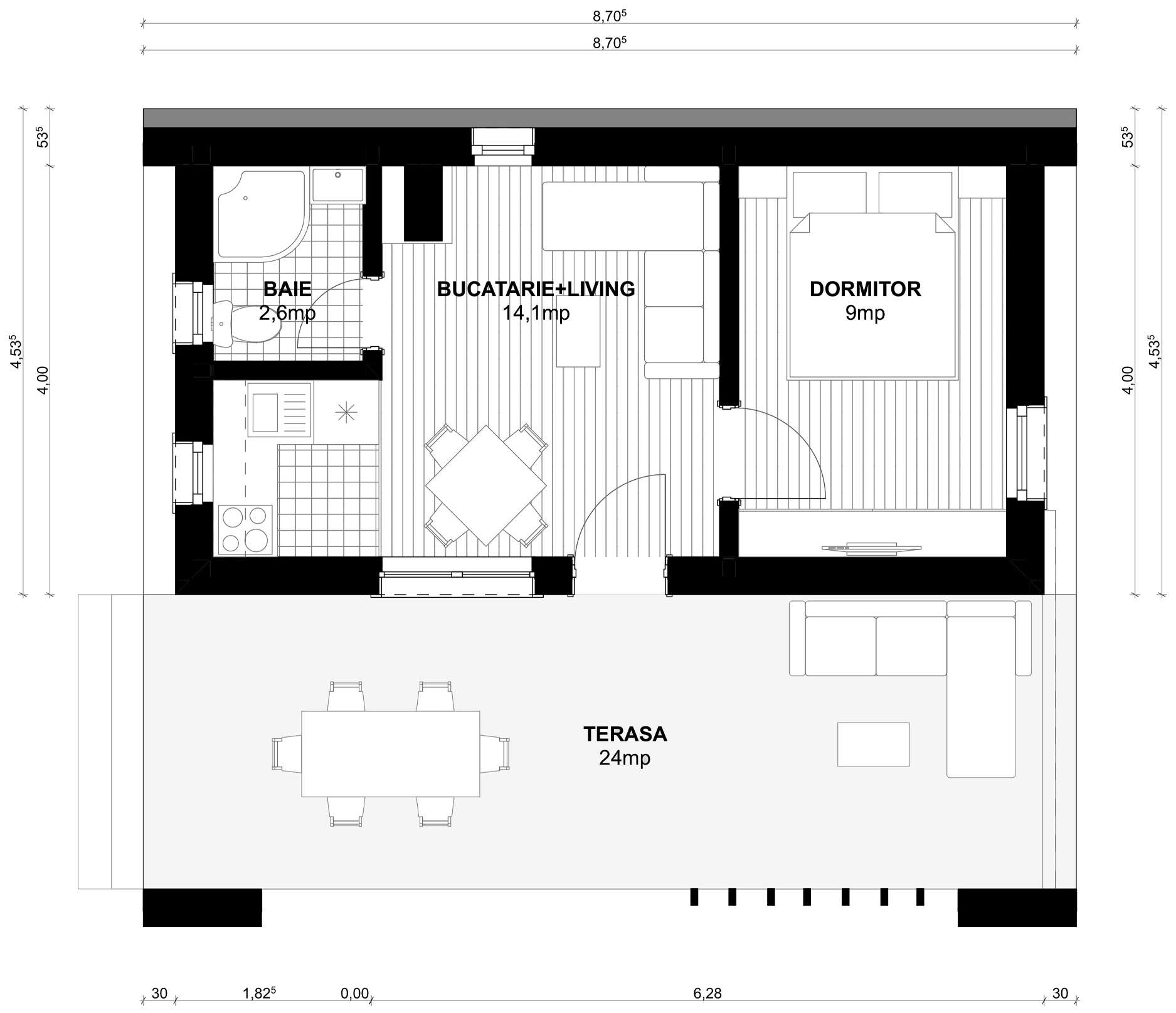 Plan parter pentru Casa Mara: bucătărie cu living, dormitor, baie și terasă acoperită