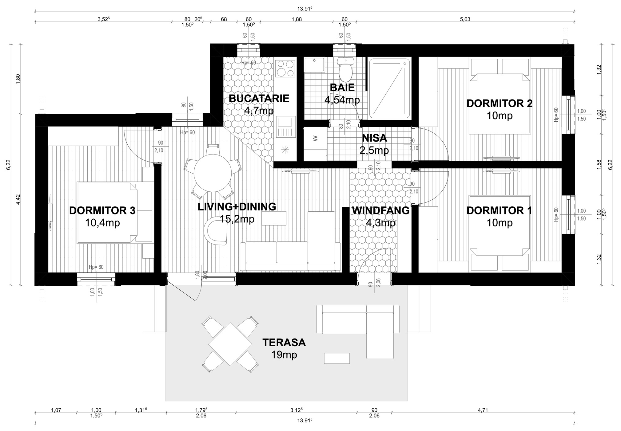 Plan pentru Casa Marta: parter cu windfang, living cu dining, bucătărie, nișă, baie, trei dormitoare și terasă