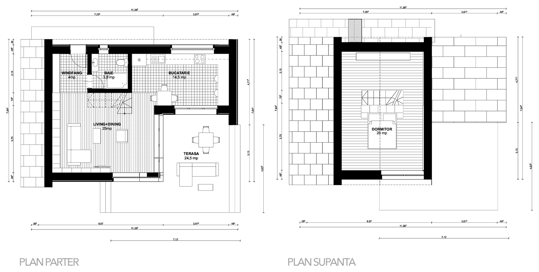 Plan parter și plan supantă pentru Casa Mihaela: windfang, baie, bucătărie, living-dining și terasă la parter, dormitor pe supantă