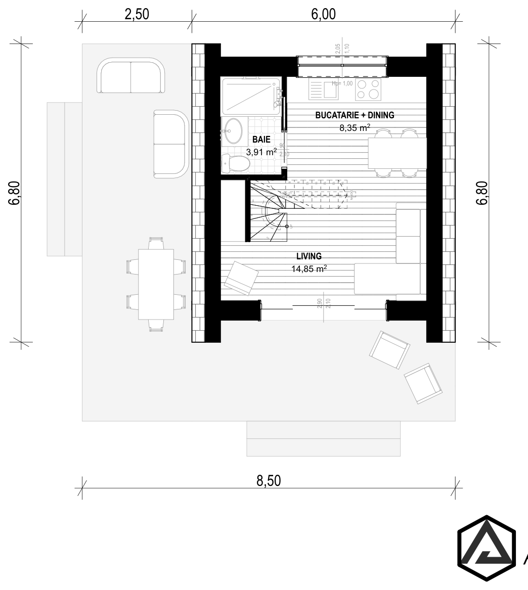 Plan pentru Casa Natalia: living, bucătărie + dining, baie, dormitor