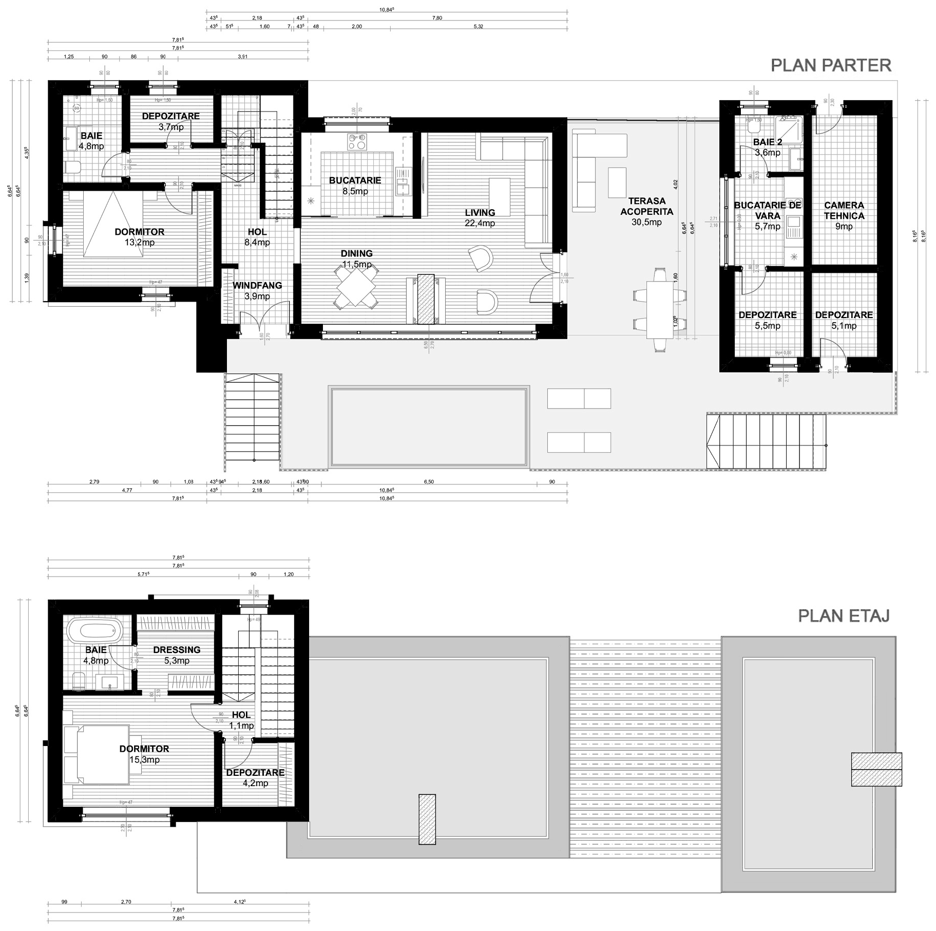 Plan pentru Casa Olivia: parter cu windfang, hol, living, dining, bucătărie, dormitor, baie și depozitare; corp secundar cu bucătărie de vară, baie, cameră tehnică și două depozitări; terasă acoperită între ele; etaj cu dormitor matrimonial, dressing, baie, hol și depozitare