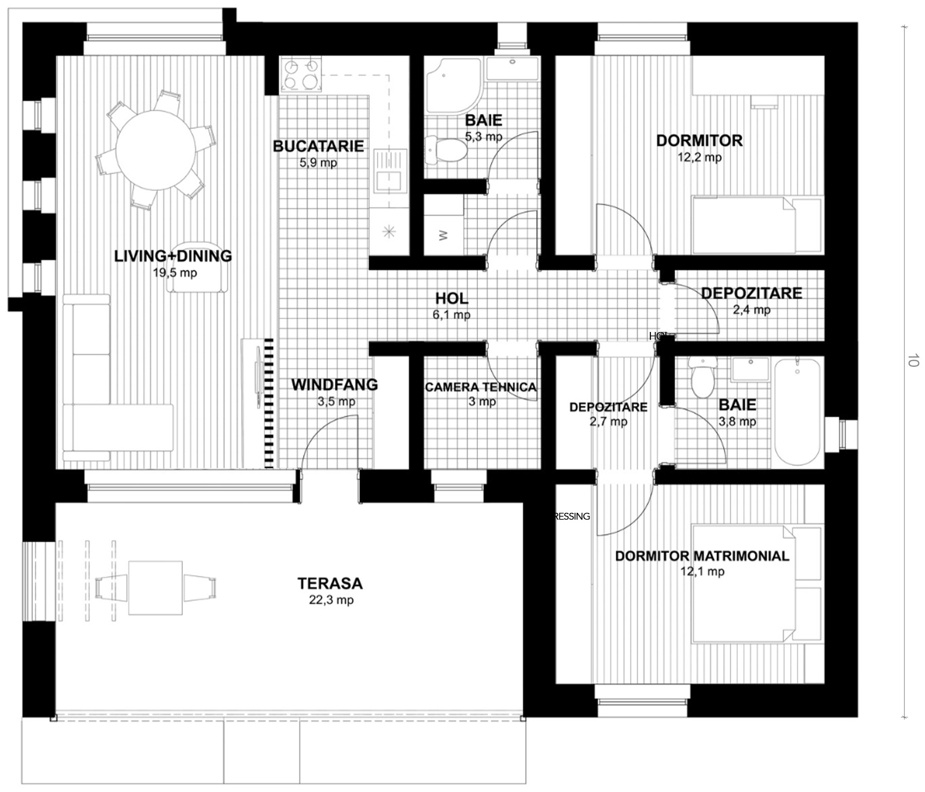 Plan parter pentru Casa Patricia: living cu dining, bucătărie, două dormitoare, două băi, windfang, cameră tehnică, depozitări și terasă acoperită