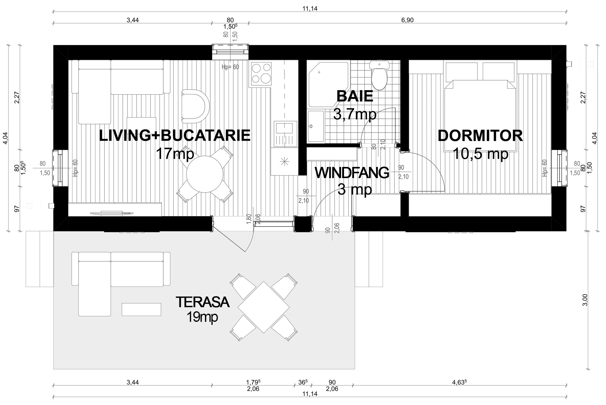 Plan pentru Casa Petra: parter cu windfang, living cu bucătărie, baie, dormitor și terasă