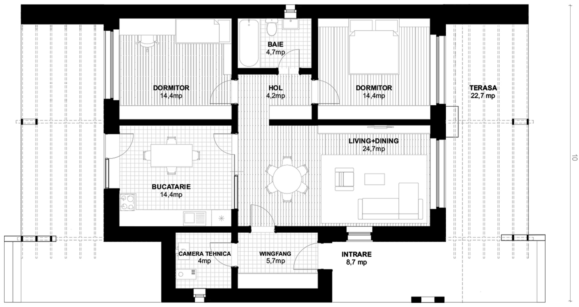 Plan parter pentru Casa Romina: living cu dining, bucătărie, două dormitoare, baie, hol, windfang, cameră tehnică și terase
