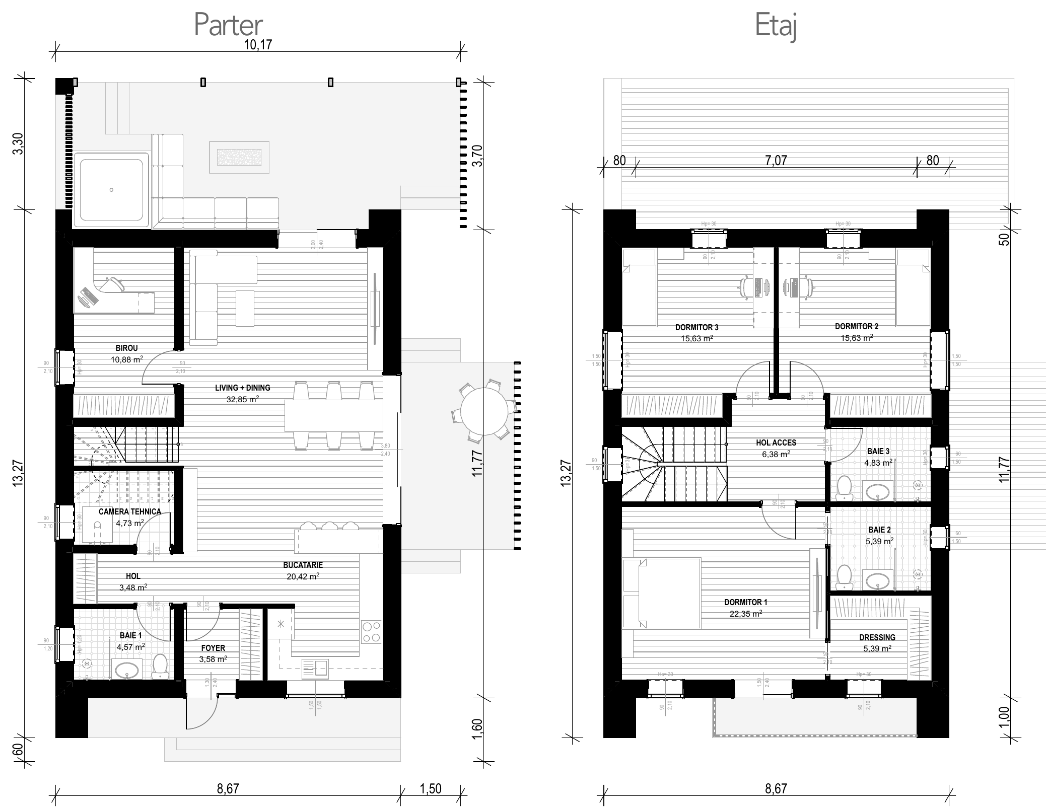 Plan pentru Casa Sara: parter cu foaier, bucătărie, living cu dining, birou, cameră tehnică, hol și baie; etaj cu trei dormitoare, două băi, dressing și hol