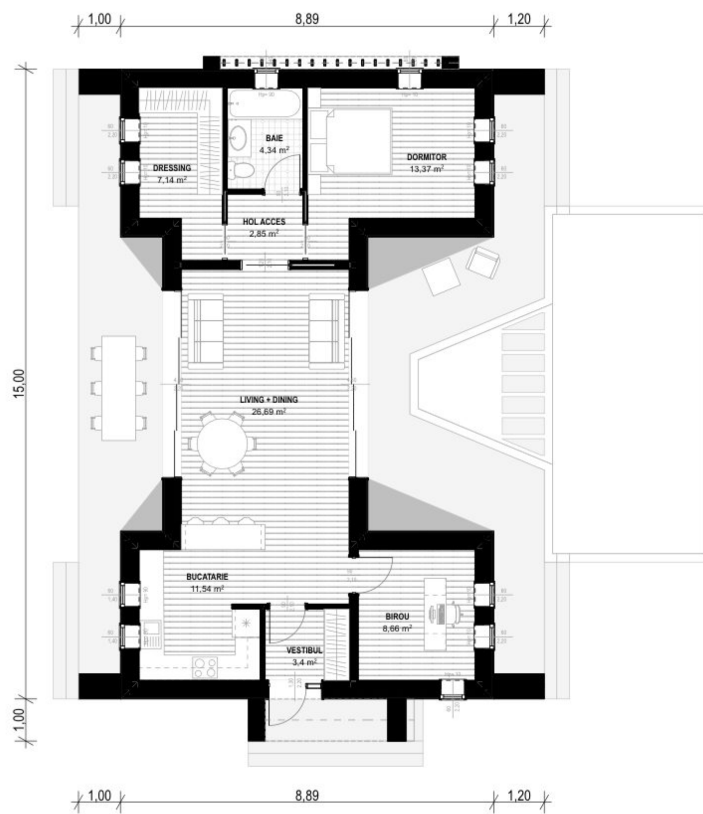 Plan parter pentru Casa Sonia: living cu dining, bucătărie, birou, dormitor cu dressing, baie, vestibul, hol de acces și terase