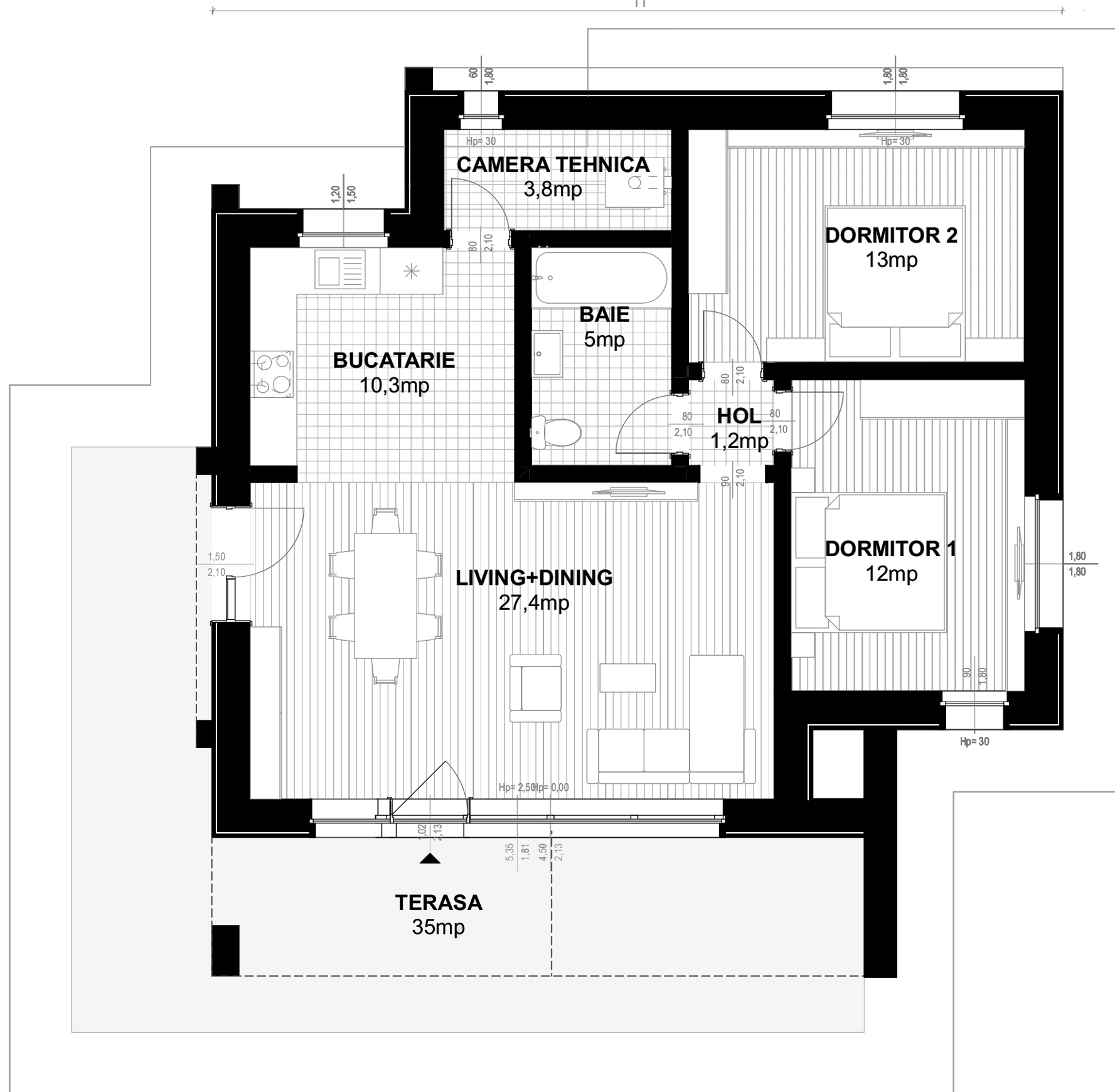 Plan parter pentru Casa Sore: living cu dining, bucătărie, două dormitoare, baie, cameră tehnică și terasă