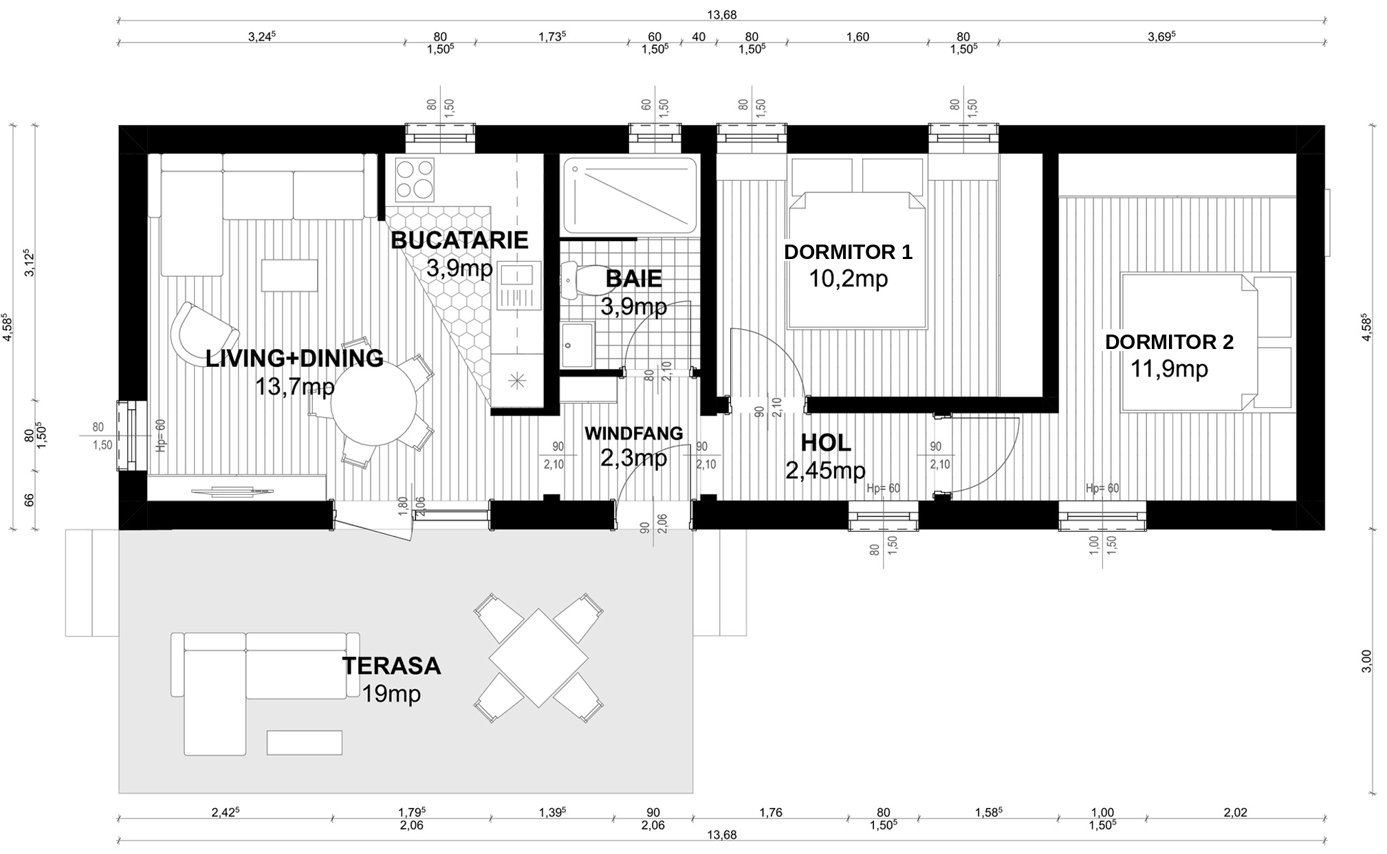 Plan pentru Casa Tania: parter cu windfang, living cu dining, bucătărie, baie, hol, două dormitoare și terasă
