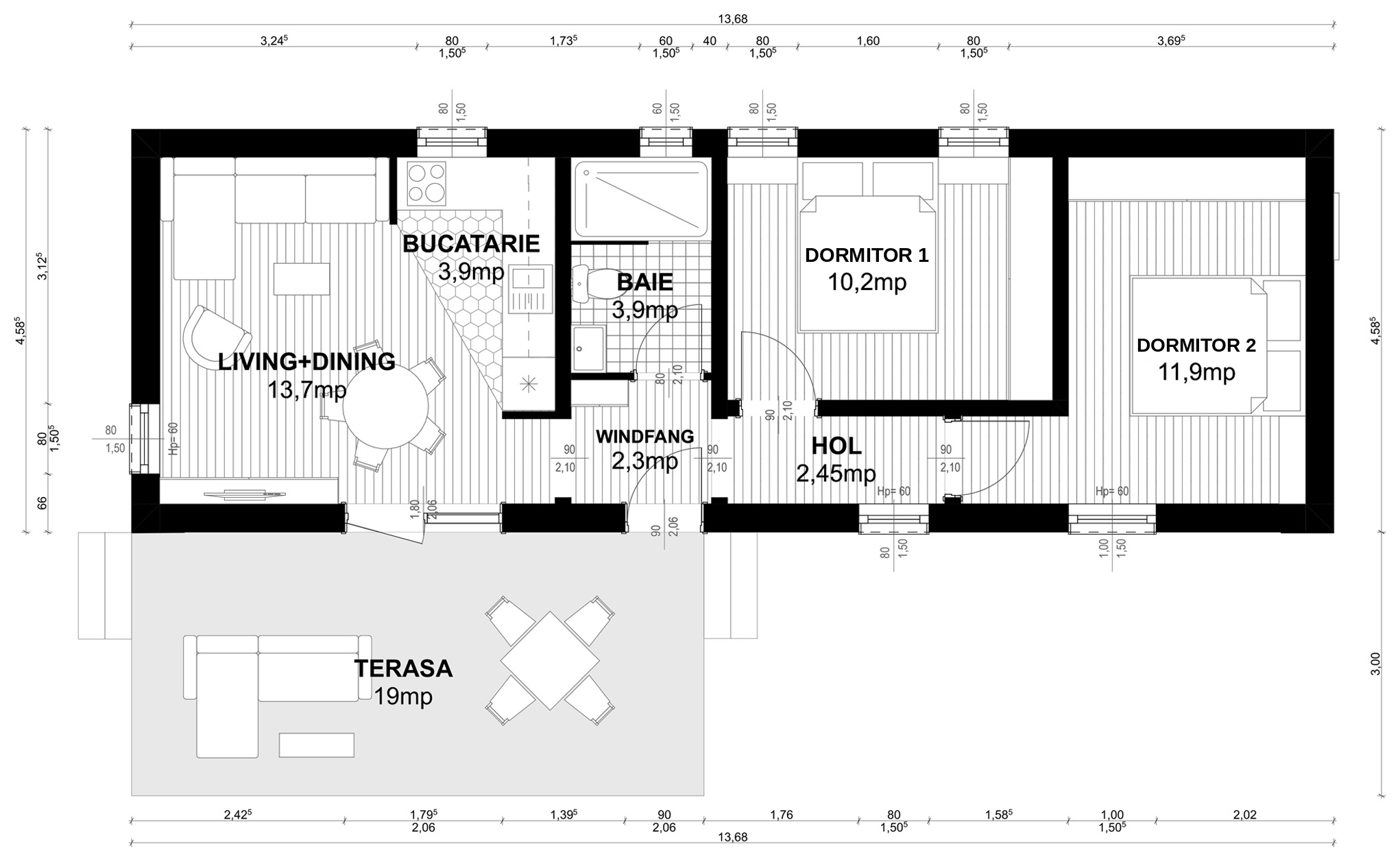 Plan pentru Casa Teodora: parter cu windfang, living cu dining, bucătărie, baie, hol, două dormitoare și terasă