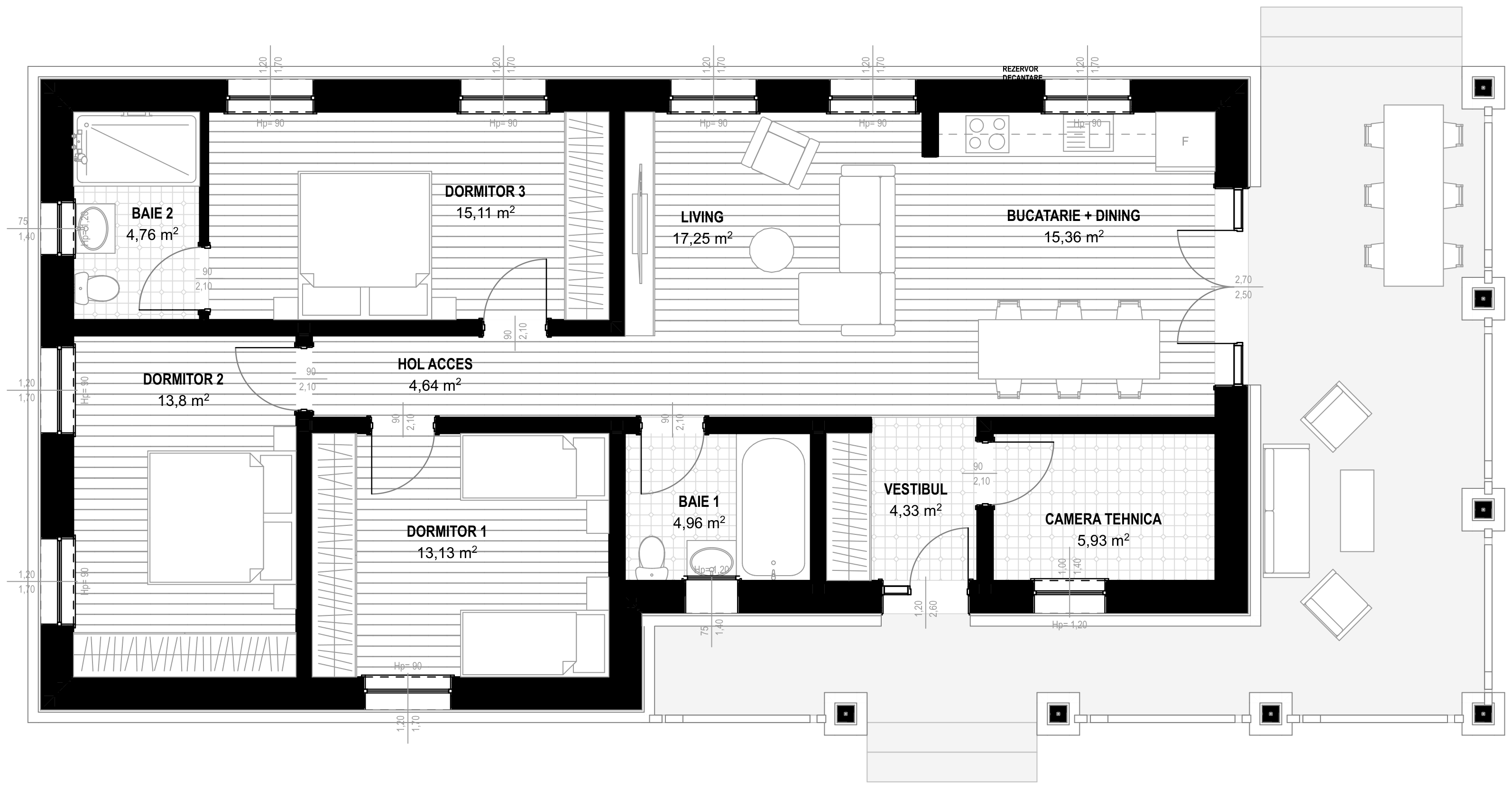 Plan pentru Casa Valeria: parter cu vestibul, hol de acces, living, bucătărie cu dining, trei dormitoare, două băi, cameră tehnică și terasă acoperită