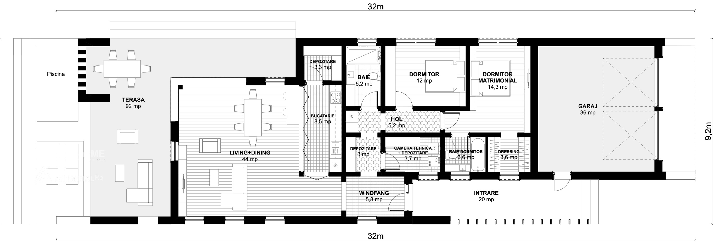 Plan parter pentru Casa Velia: living cu dining, bucătărie, două dormitoare, două băi, dressing, depozitări, cameră tehnică, windfang, intrare acoperită, garaj și terasă cu piscină