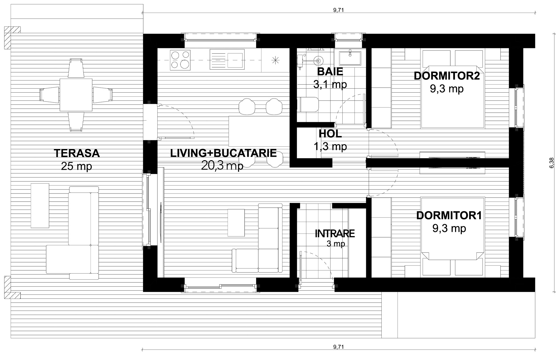 Plan parter pentru Casa Vera: living cu bucătărie, două dormitoare, baie, intrare, hol cu depozitare și terasă acoperită