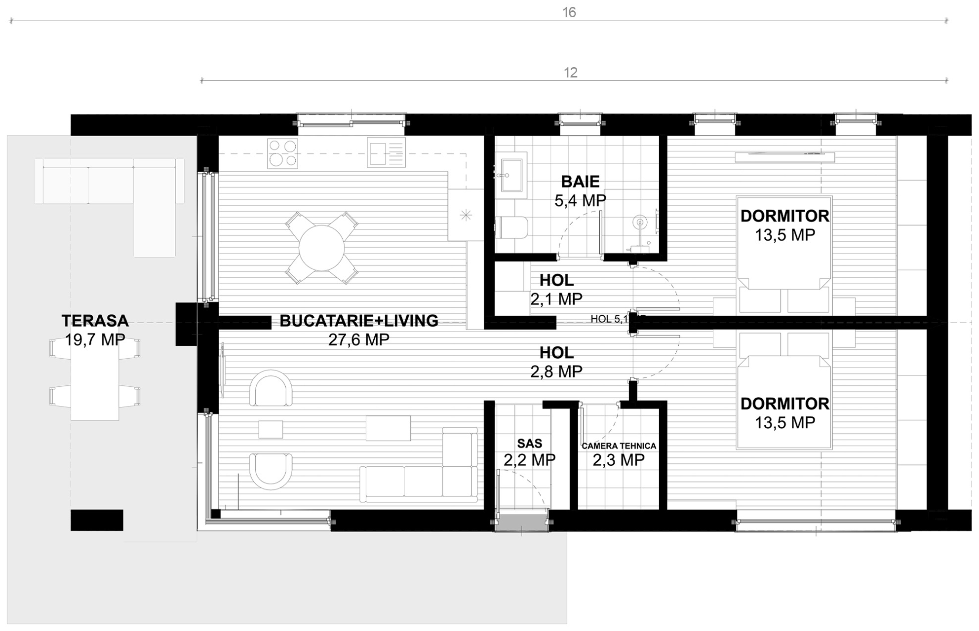 Plan parter pentru Casa Veronica: bucătărie cu living, două dormitoare, baie, holuri, sas, cameră tehnică și terasă acoperită