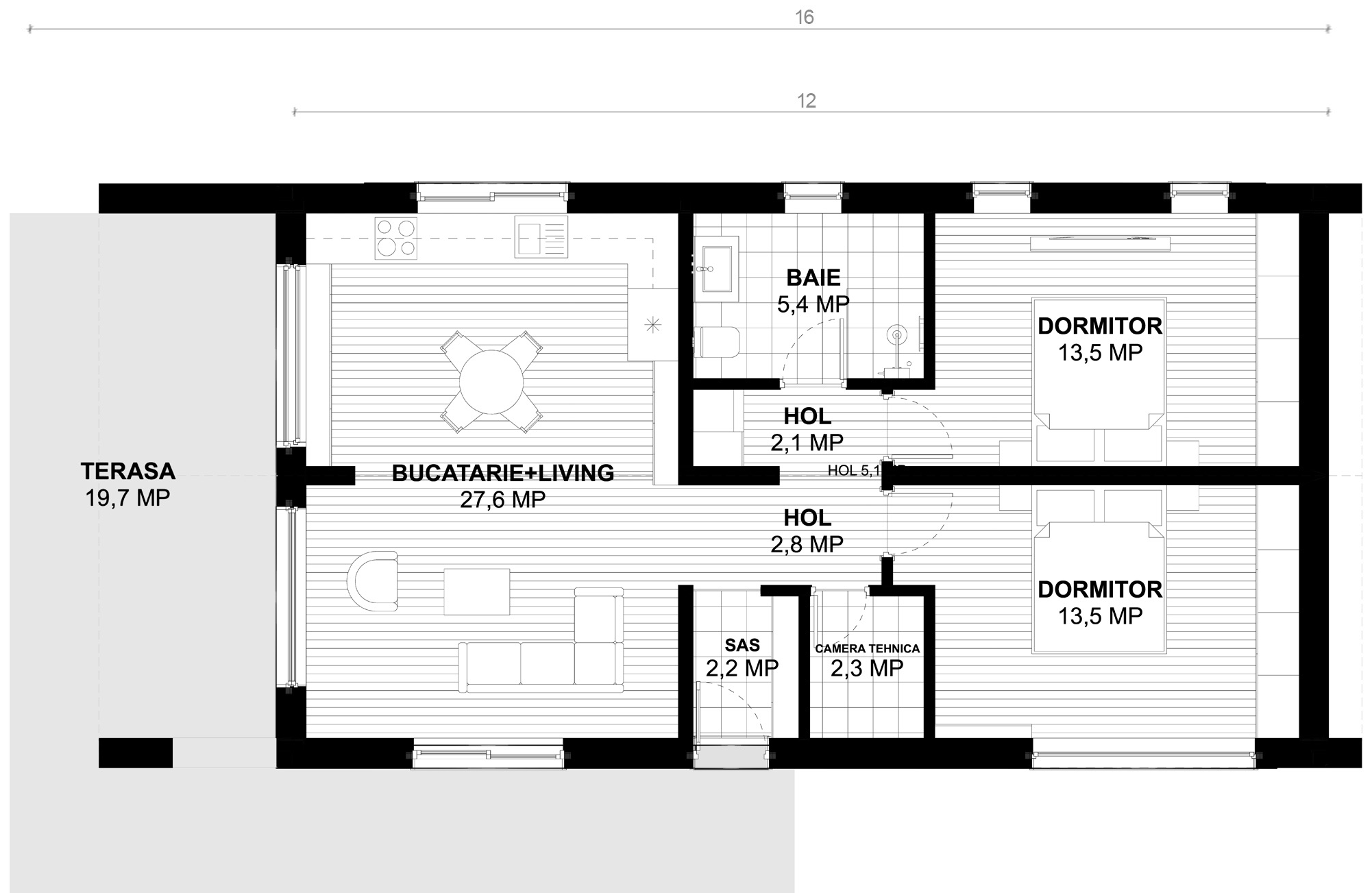 Plan parter pentru Casa Victoria: bucătărie cu living, două dormitoare, baie, holuri, sas, cameră tehnică și terasă acoperită