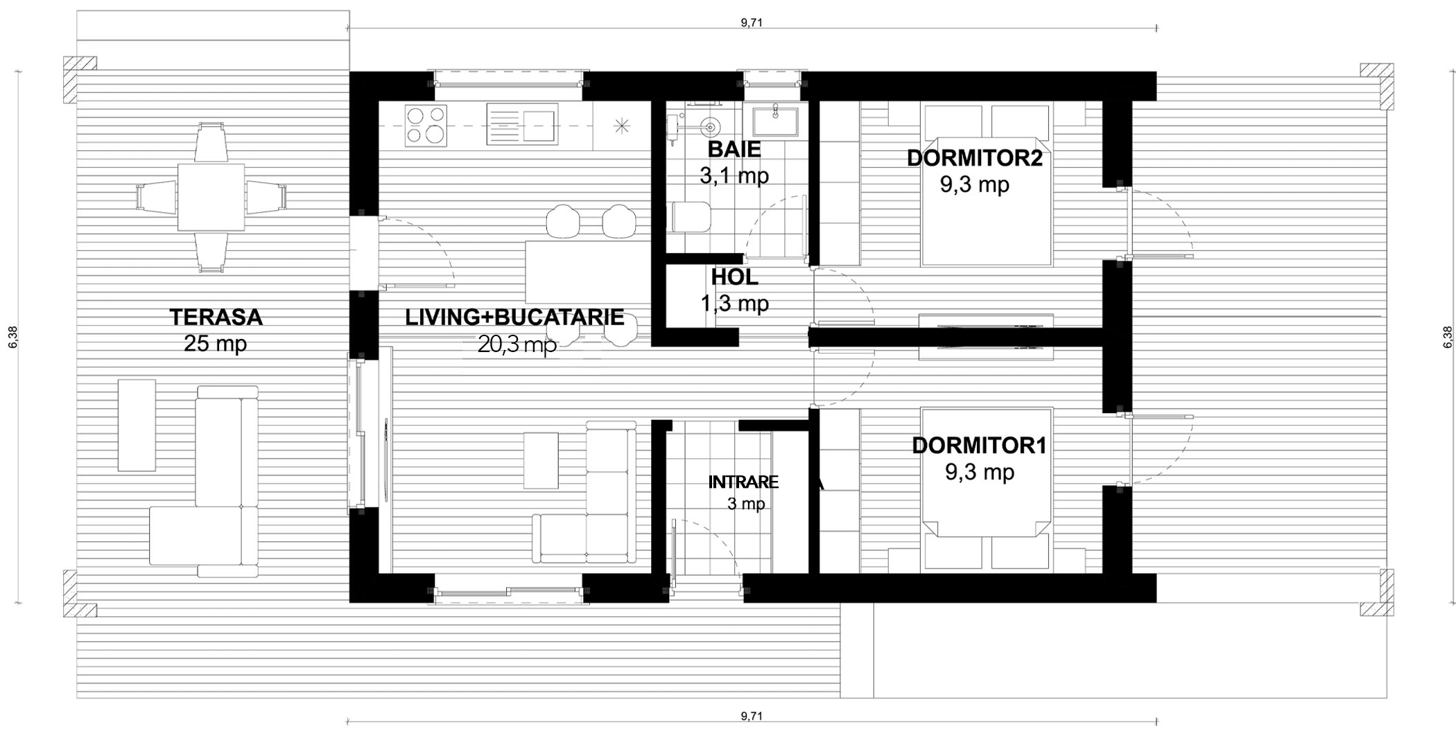Plan parter pentru Casa Vio: living cu bucătărie, două dormitoare, baie, intrare, hol cu depozitare și terasă acoperită
