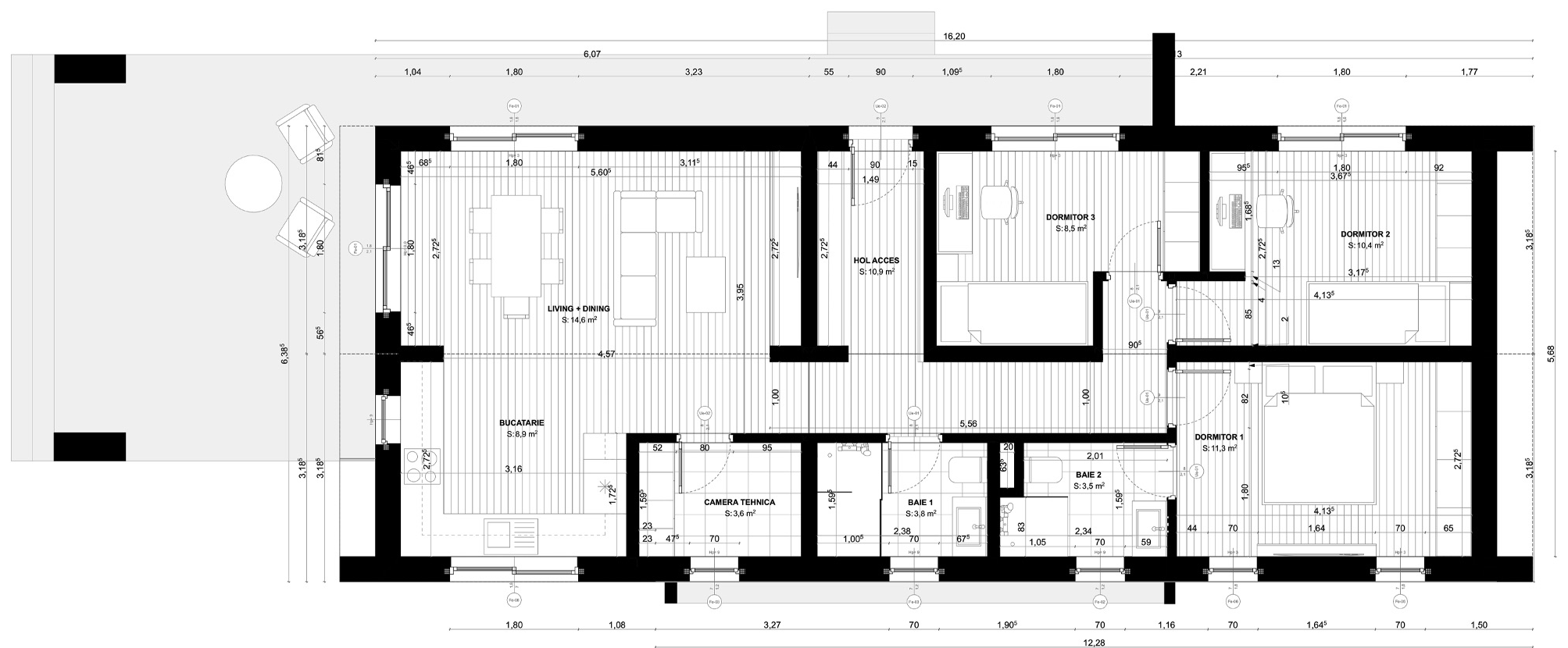 Plan parter pentru Casa Viviana: living cu dining, bucătărie, trei dormitoare, două băi, hol de acces, cameră tehnică și terasă acoperită