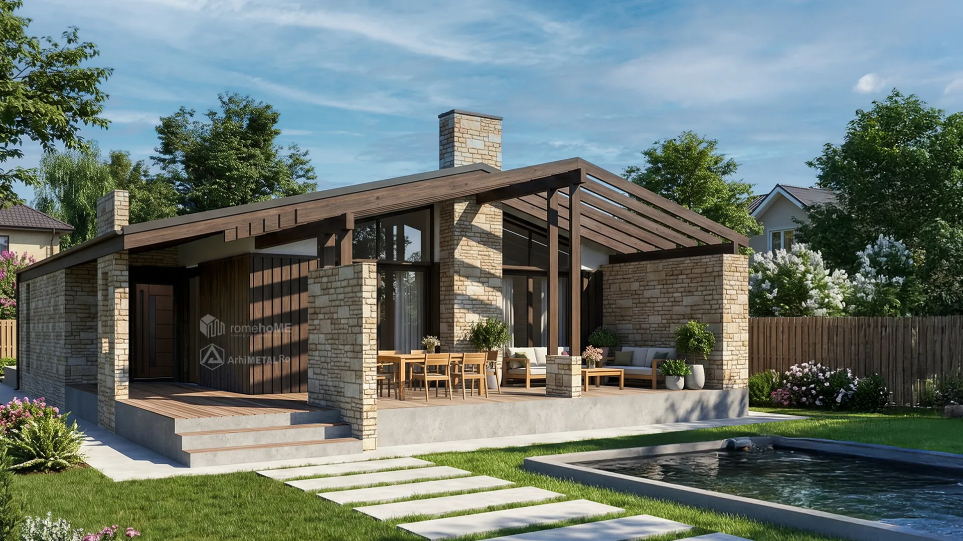 Casa Romina, cu pergola de lemn peste terasa din față
