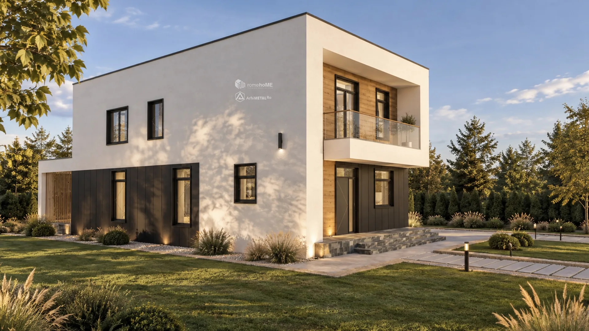 Casa Sara din lateral, cu balconul de sticlă al etajului