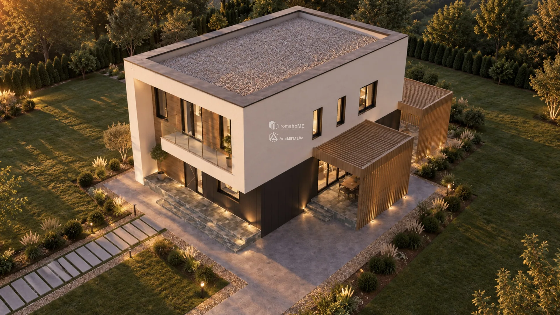 Casa Sara văzută de sus, cu acoperișul terasat și pergolele