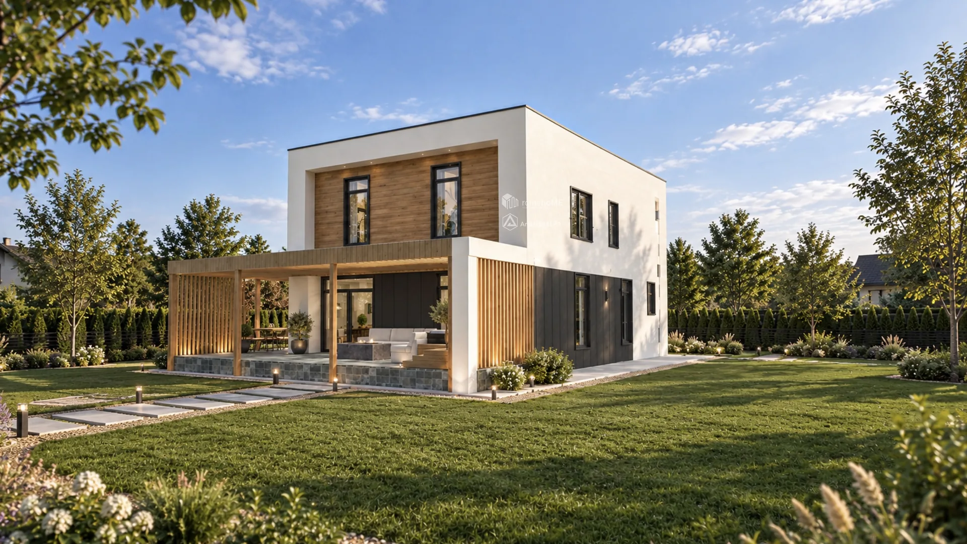 Casa Sara din colțul opus, cu volumul alb și pergola