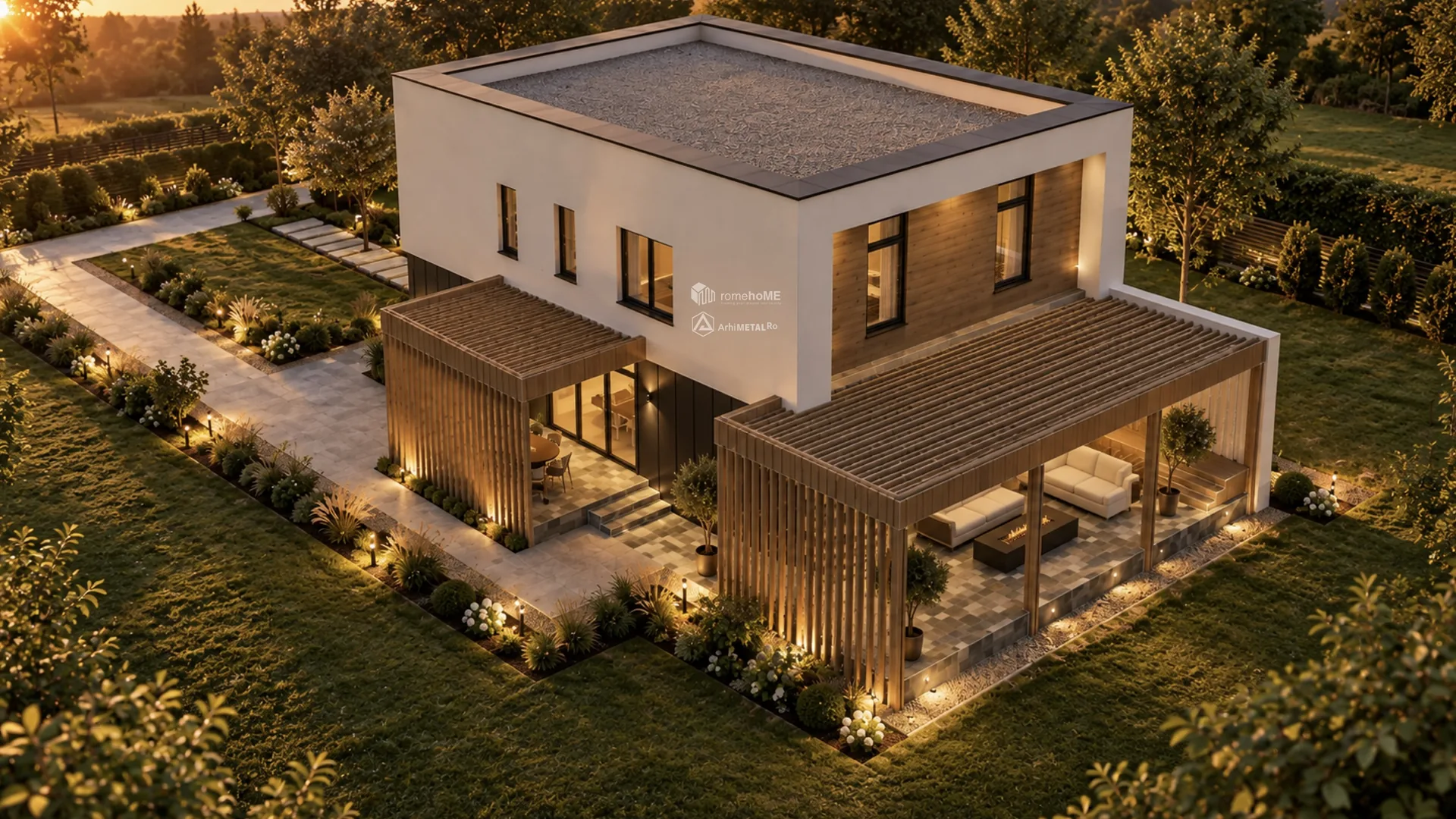 Casa Sara seara, de sus, cu terasa luminată