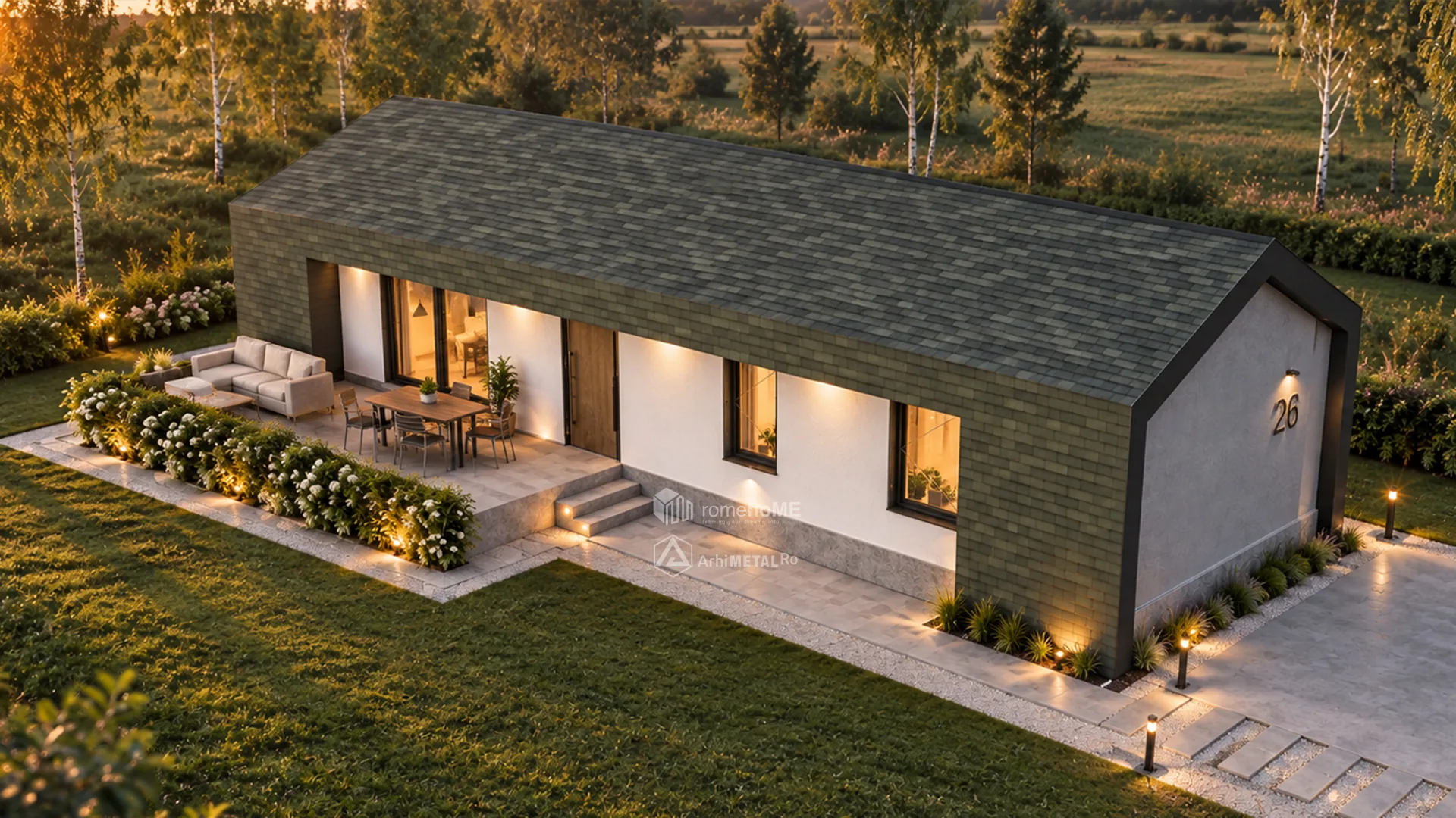 Casa Teodora văzută de sus, cu terasa mobilată și aleea de dale