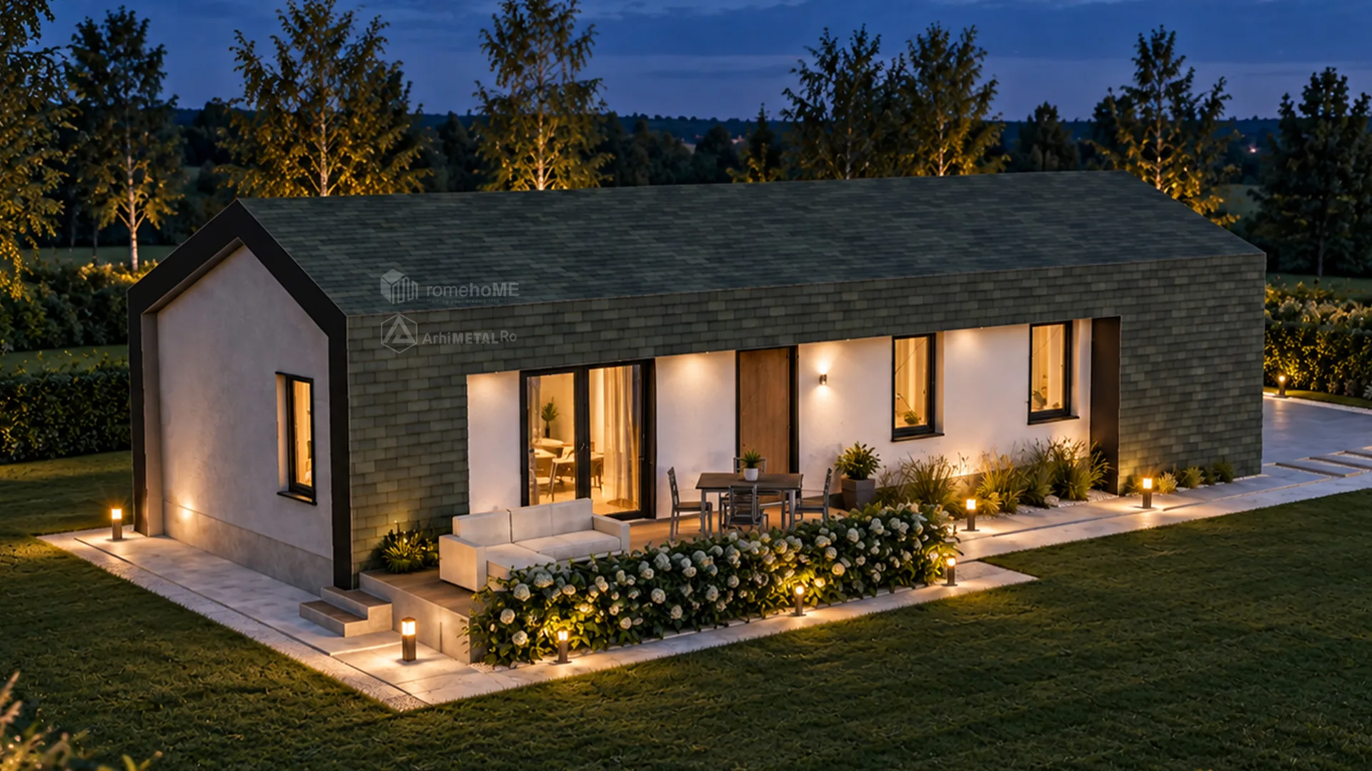 Casa Teodora seara, cu terasa și aleea luminate
