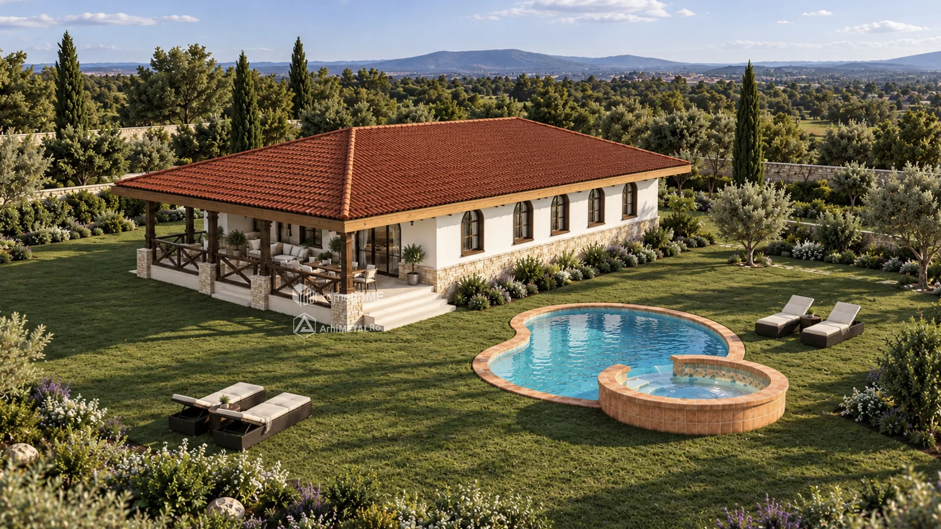 Casa Valeria văzută de sus, cu terasa acoperită și piscina