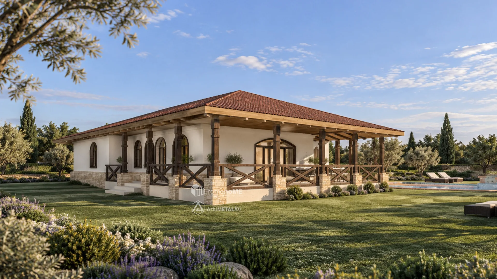 Casa Valeria din colț, cu terasa pe stâlpi de lemn
