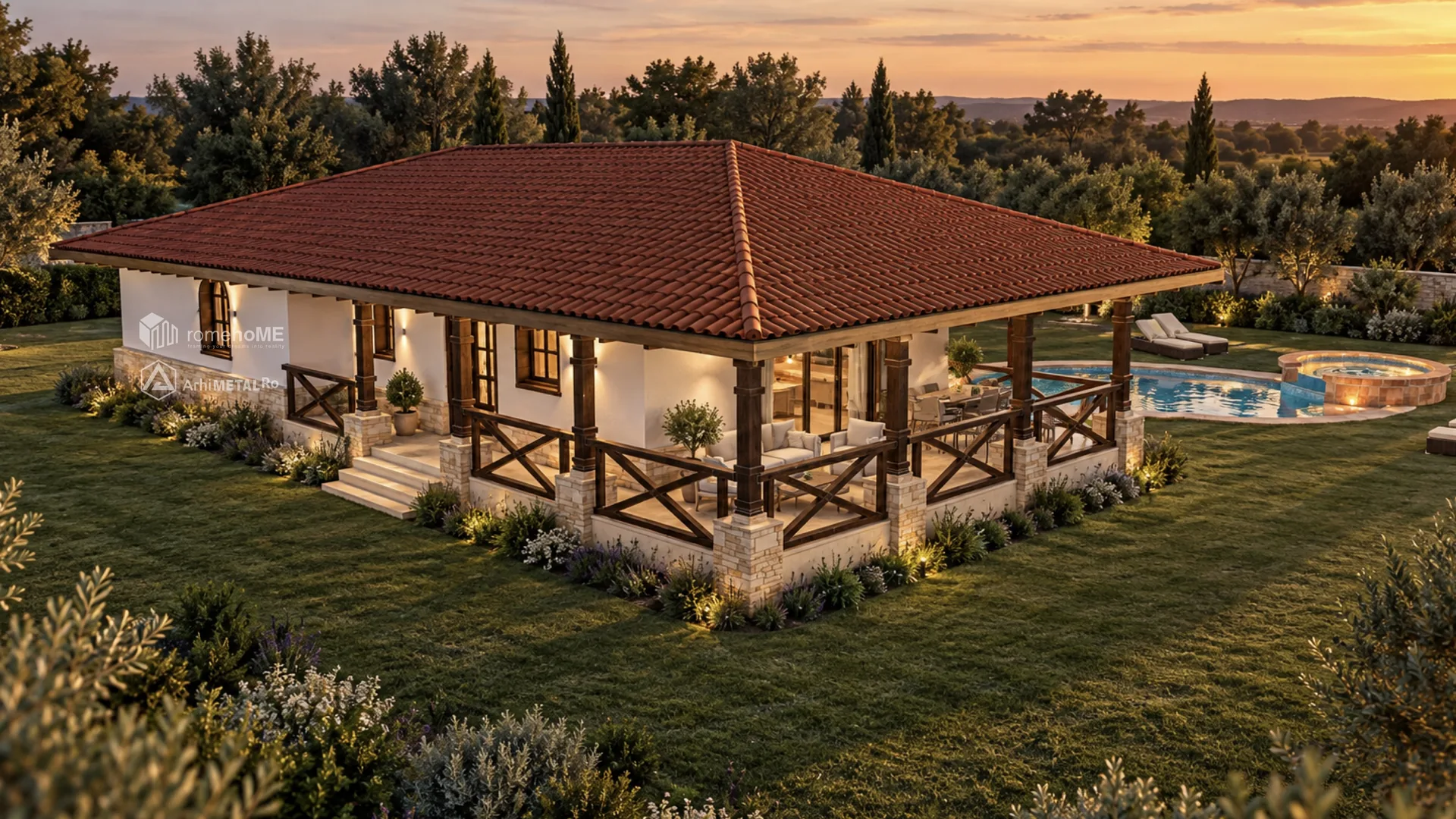 Casa Valeria văzută de sus, la apus, cu terasa și piscina